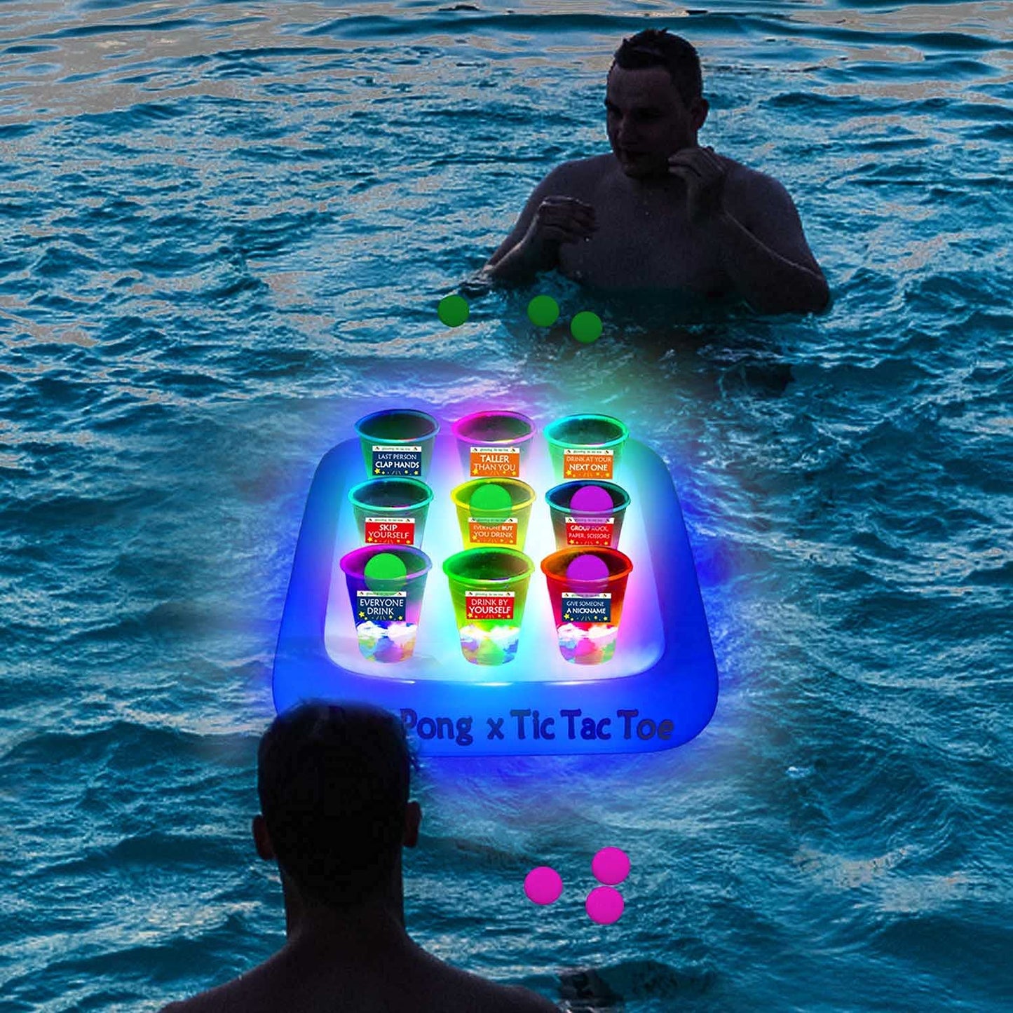 Ahuimeius 23 x 23 Inch Glowing Pool Party Rack Tic Tac Toe Floating Rafts, Swimming Pool Pong Party Game Drinking Game and Drink Holder, Includes 1 Rafts 9 Cups and 10 Pong Balls, Flashing Color 1