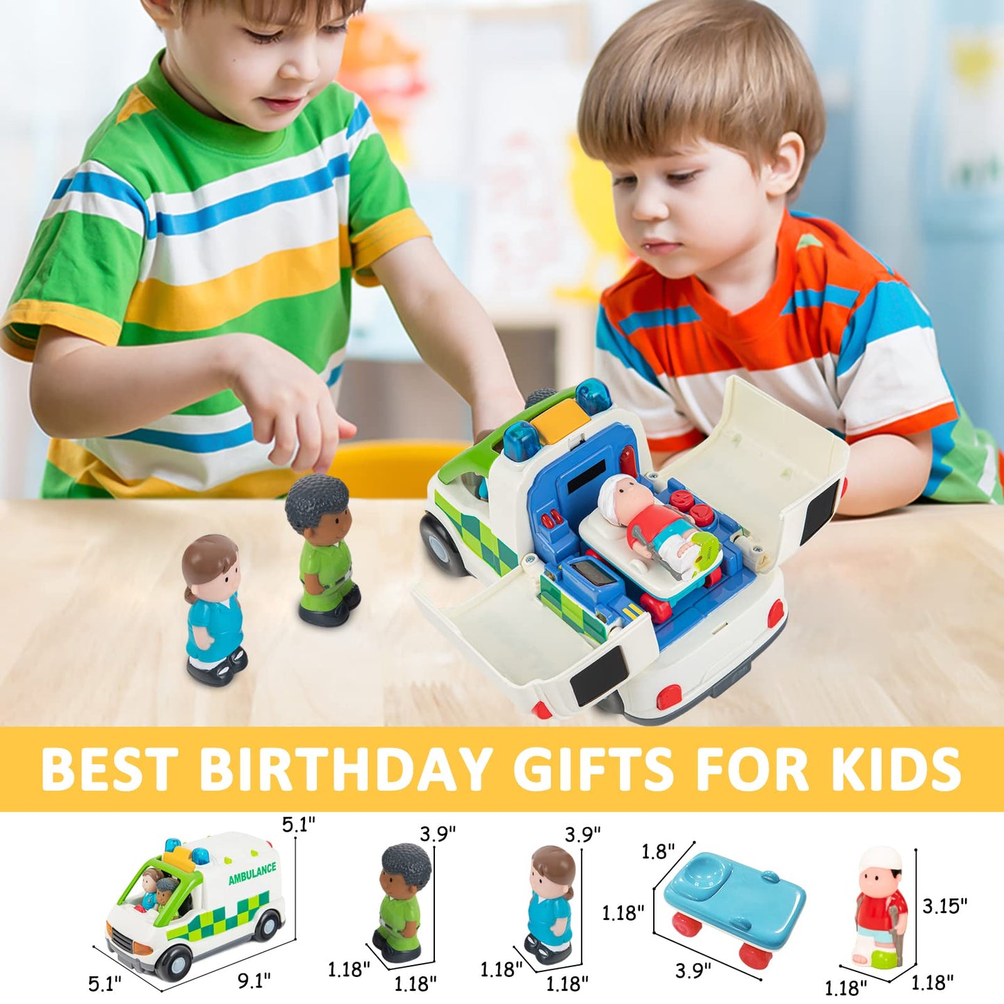 Auspint Ambulance Toy Powered Vehicle with Lights and Sounds, Rescue Role Play Set, Ambulance Set, Play and Learn Toddler Toys for 1 2 3 Year Old Boys Children Toy Truck Party Birthday Gift