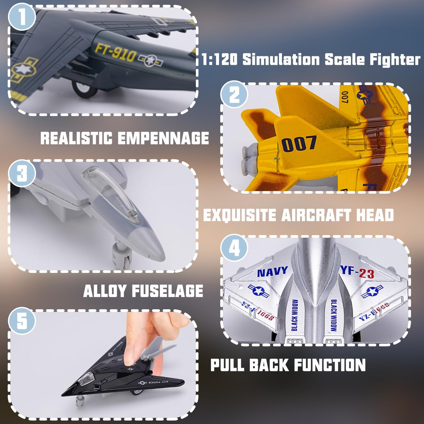 Crelloci 5 Pack Army Navy Airplane Toys Set with Light & Sounds, Military Fighter Jet Die Cast Plane Metal Aircraft Toy, Pull Back Aircraft Gift for Kids Toddlers Boys Girls Ages 3+