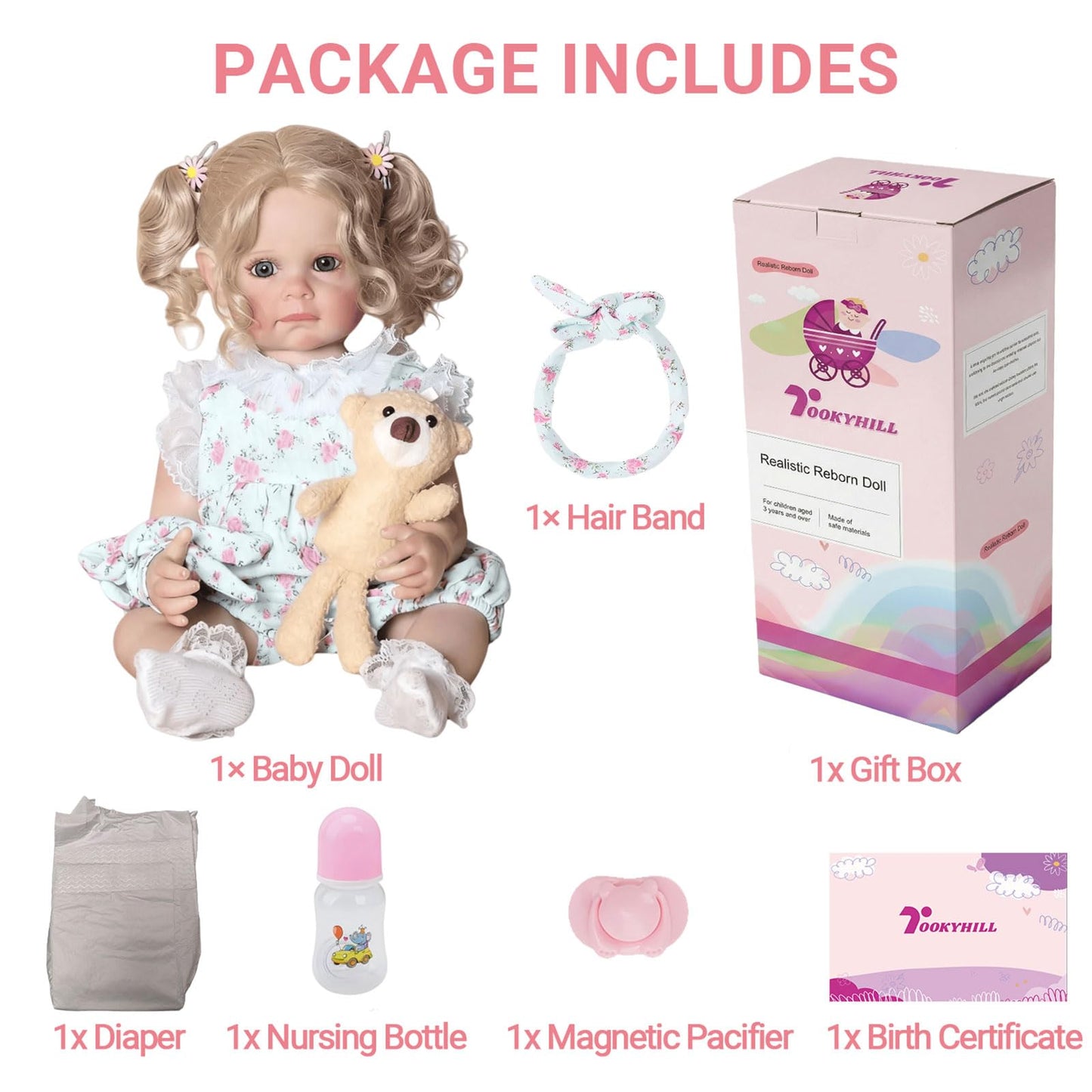 Tookyhill Lifelike Reborn Baby Doll - 22 Inch Realistic Blonde Toddler Doll with Curly Hair, Blue Eyes & Soft Plush Bear, BPA-Free Poseable Full Body Vinyl Real Life Doll for 3+ Kids Pretend Play