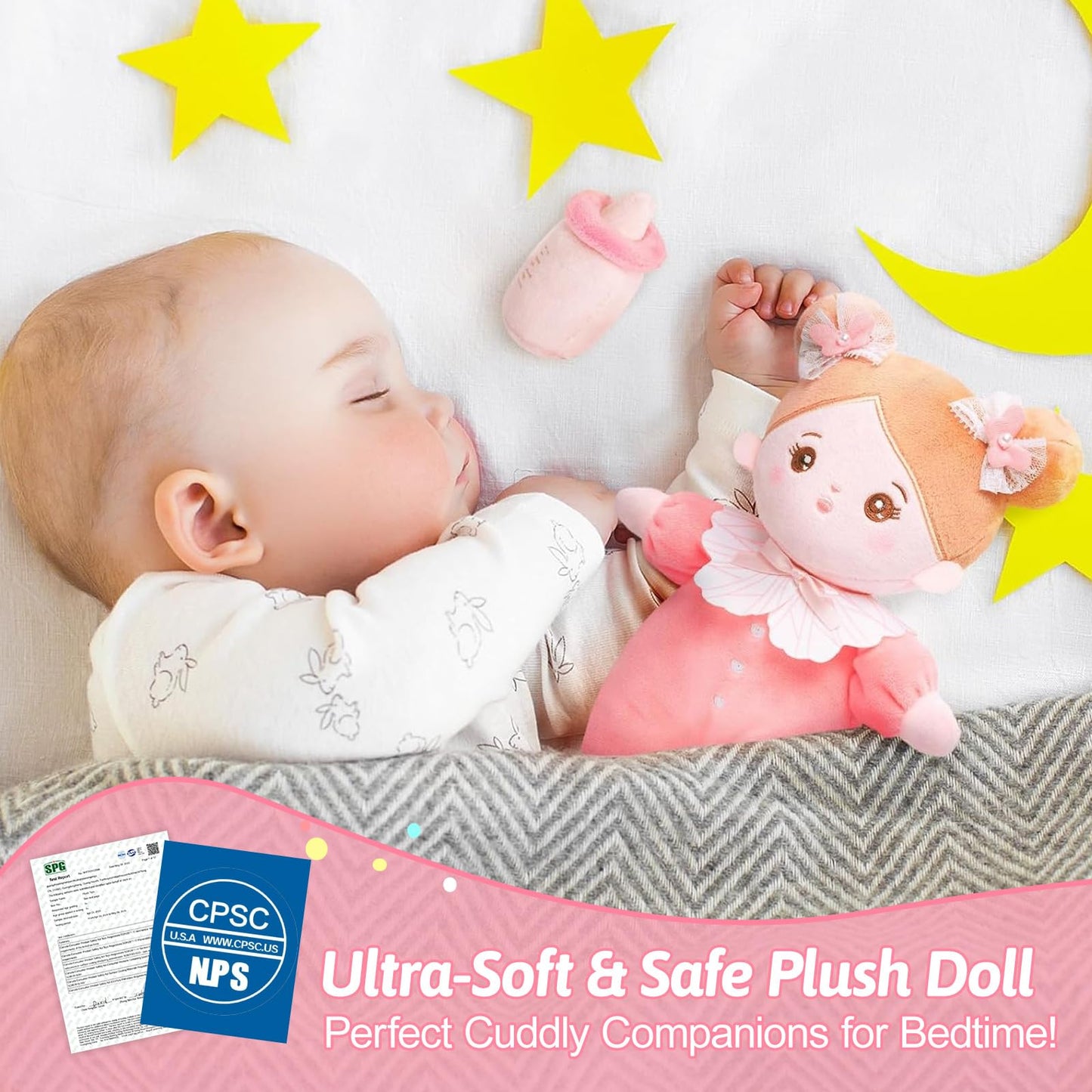 OUOZZZ 10" Soft Baby Doll Accessories with Plush Doll, Bassinet, Blanket and Bottle, Toys for 2 Year Olds Girls Birthday Gift, Interactive Pretend Playset for Preschool Gametime Pink