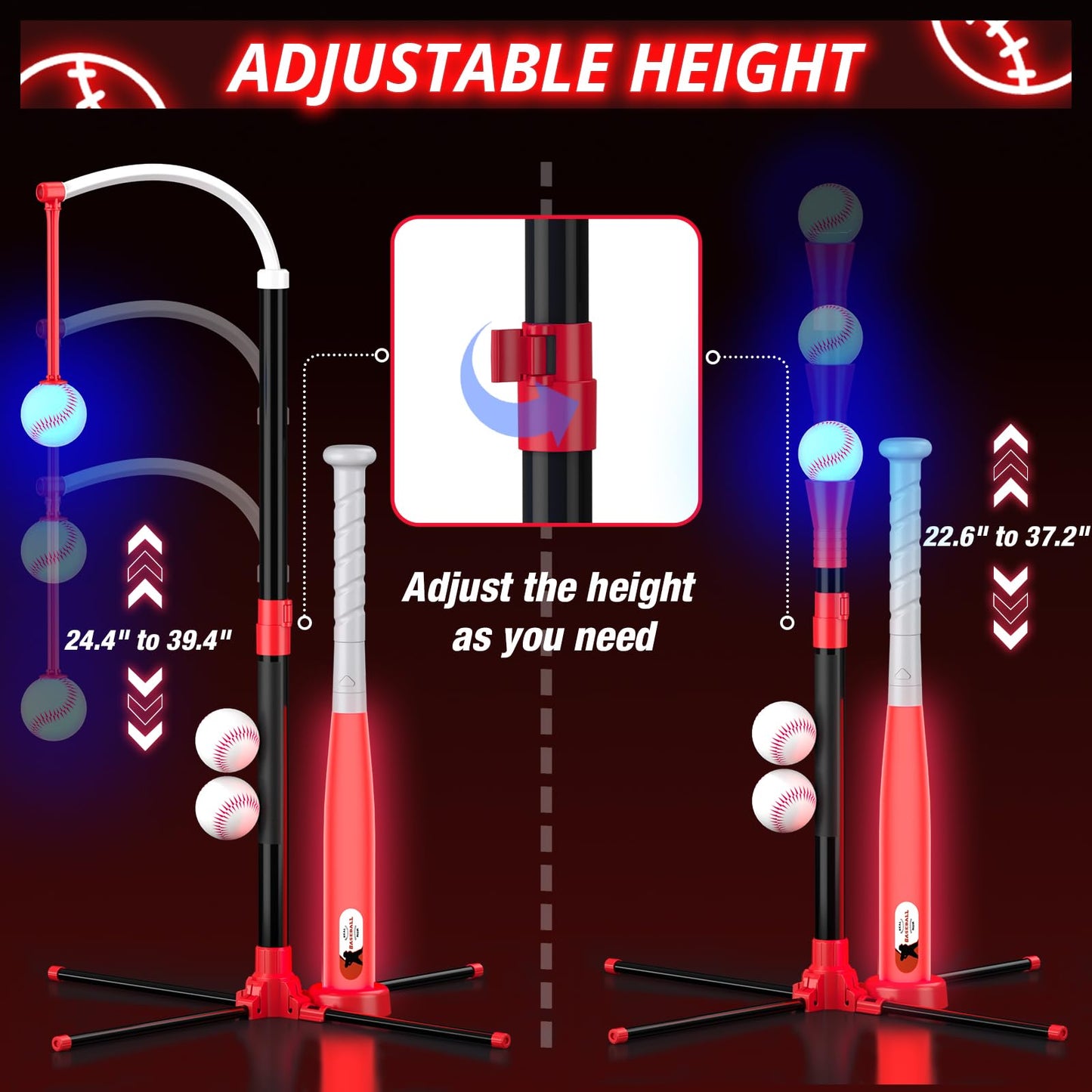 Wee Wonders 3-in-1 LED T Ball Set for Kids, Adjustable Height, Hanging Tee Ball Set with Baseball Launcher/4 Softballs/Light Up Bat, TBall Stand Sport Toys, Baseball Gifts for Boys Girls Age 3-5