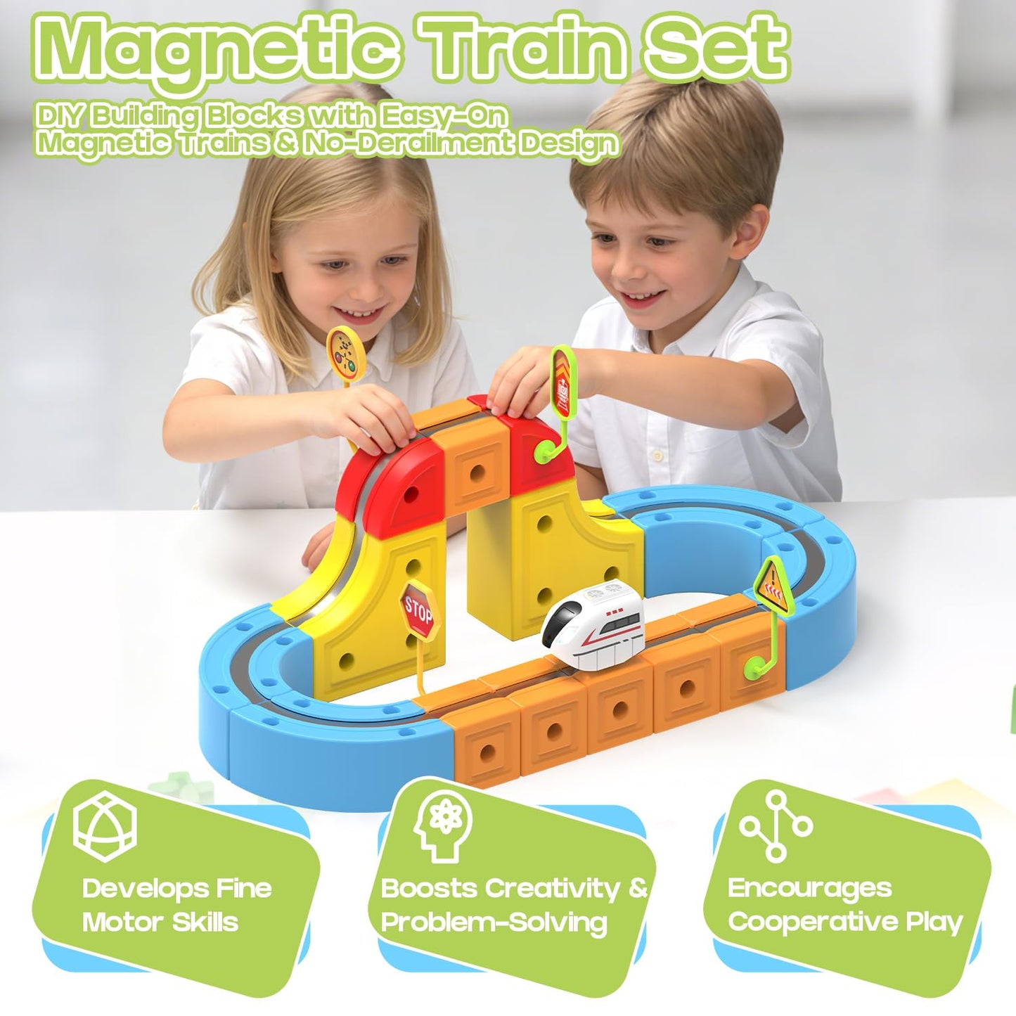 Electric Train Set for Kids, 62PCS Infinity Race Track Blocks Toys with Magnetic Train, Cube Tracks Train Toys for Toddlers Ages 3-8, Magic Tracks Car Toys for Kids 3 4 5 6 7 8 Years Old.