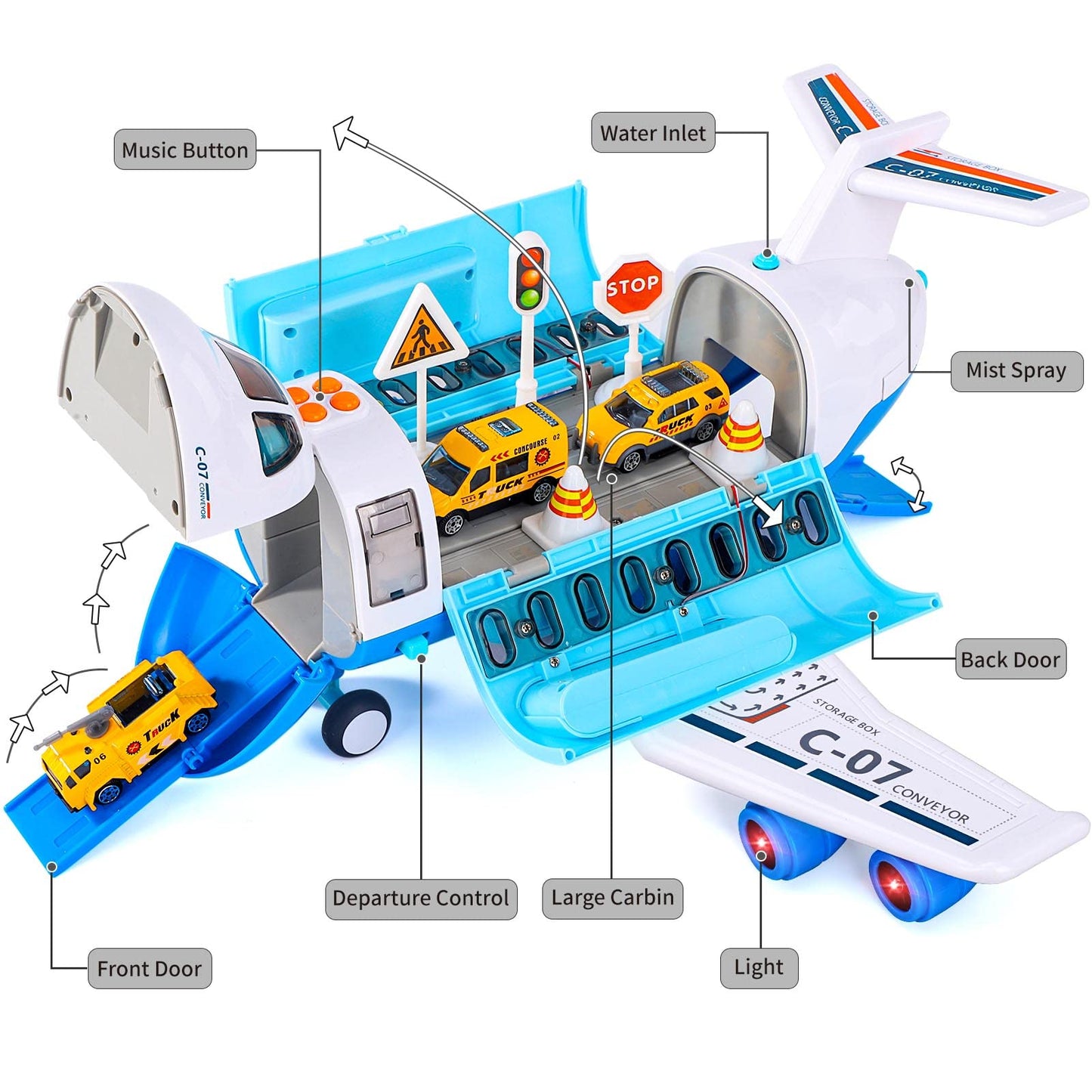 iHaHa Spray Airplane Toys for Boys Girls, Large Transport Cargo Airplane with 6 Construction Vehicle 10 Road Signs 1 Play Mat, Plane Toy with Lights Sounds for Boys Age 3 4 5 6