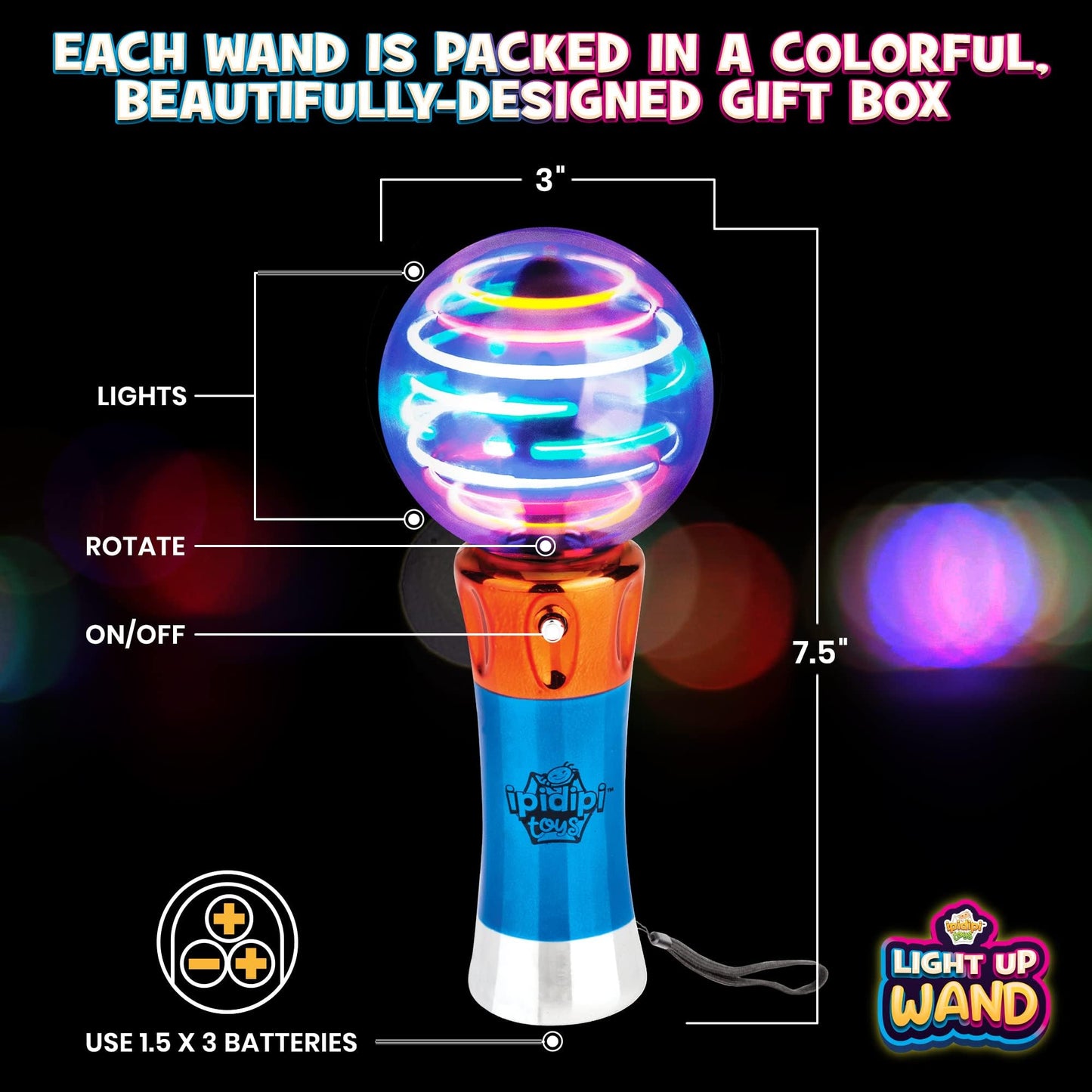 IPIDIPI TOYS Spinning Light Up Magic Wand for Kids, 2 Pack, LED Sensory Globe Wand - Easter Basket Stuffers Light Up Toys, Small Gift, Goodie Bag - Birthday Party Favors for Boys and Girls