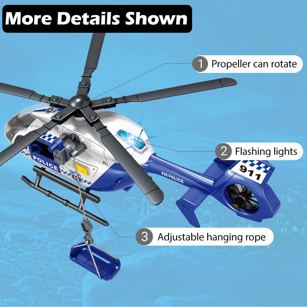 Police Toys Helicopter 15-in Airplane Toys for Kids with Hanging Basket Sounds and Lights for Boys Ages 3 4 5 6 7