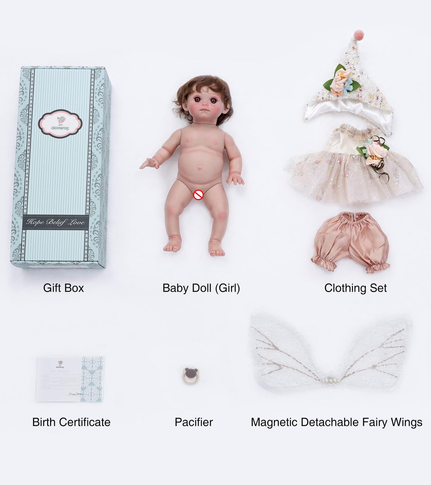 Cloveray Baby Doll, 18 Inch Reborn Baby Dolls – Realistic Lifelike Blush Fairy Newborn Girl Doll, Real Life Baby Dolls with Accessories, Gift for 3+ Year Old Girls, Pretend Play & Collection
