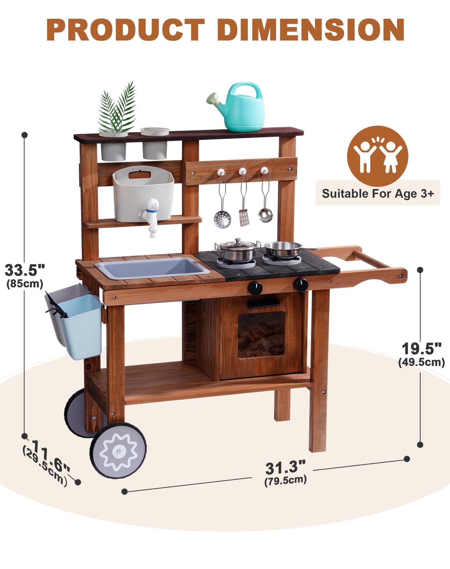 ROBUD Mud Kitchen for Kids Outdoor with Wheels, Wooden Outdoor Play Kitchen, Kids Mud Kitchen with Removable Sink & Faucet, Monteeori Toys for Children Ages 3+ Years, WG403
