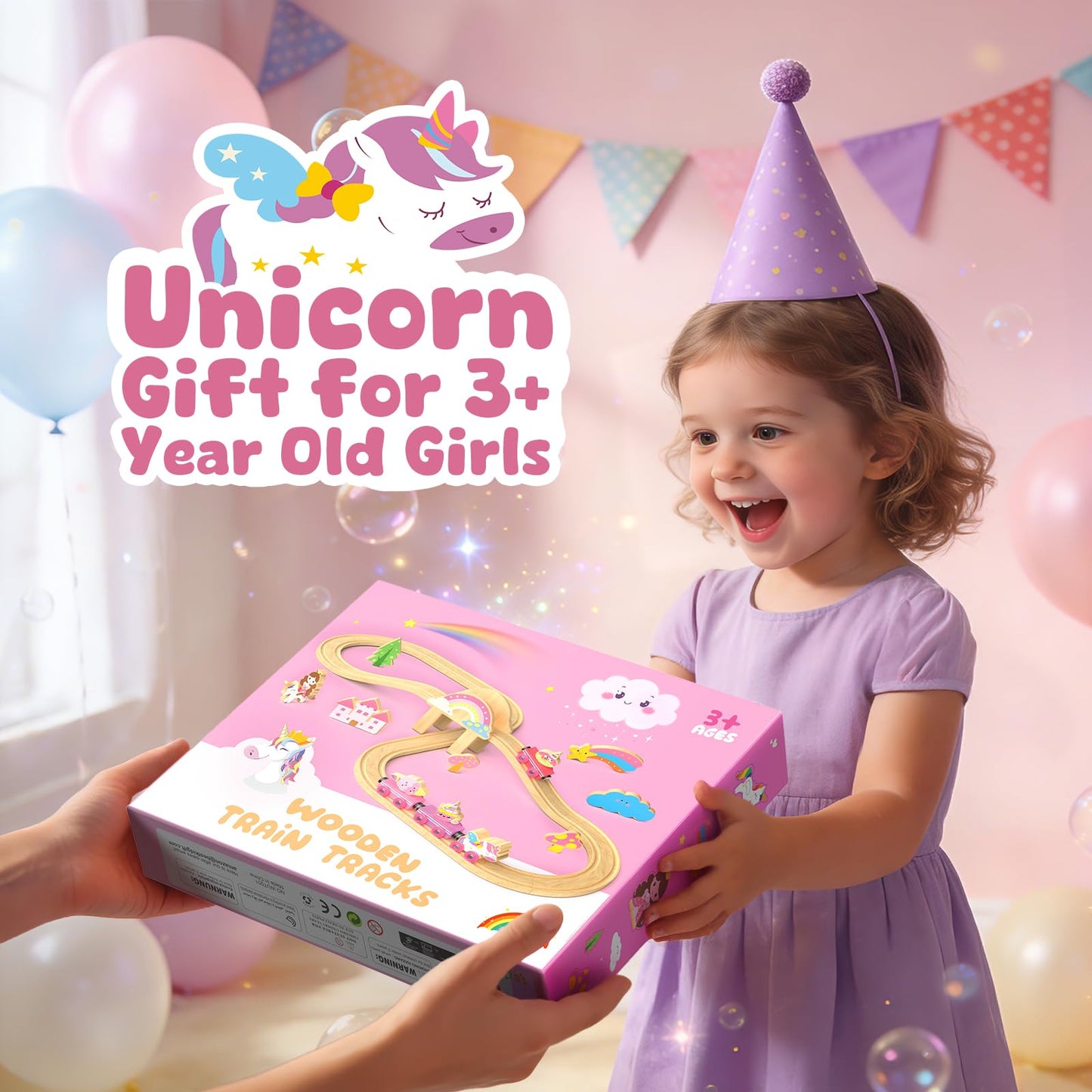 Hot Bee Wooden Train Set for Toddlers 2-4, 38-Piece Unicorn Train Set for Girls, Pink Wooden Train Track Set with Fairies & Unicorns, Girl Train Set Birthday Gifts for 2 3 4 5 Year Old Girls