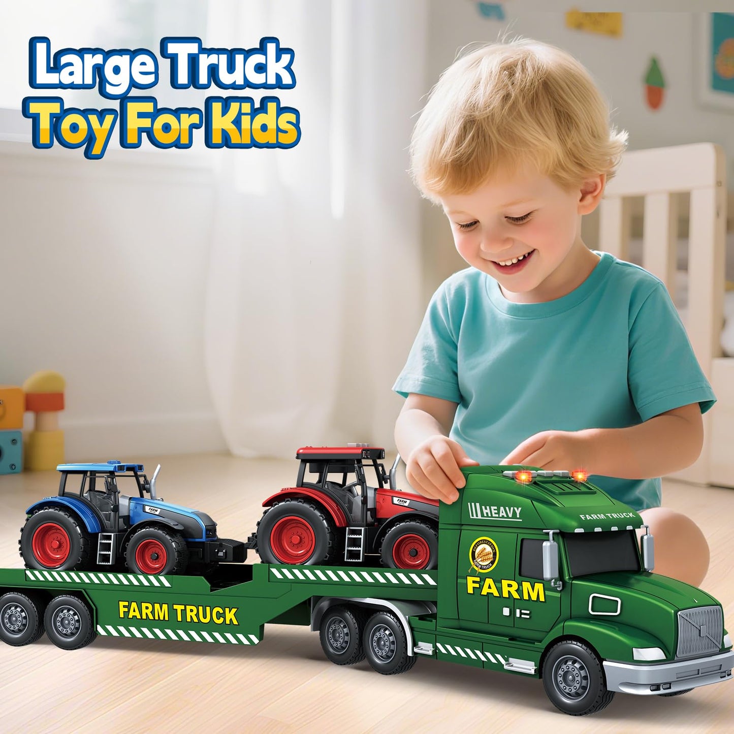 Bstoyder Toddler Boy Toys for 3 4 5 6 7 Years Kids, 27" Semi Flatbed Truck Toy with 2 Tractors, Friction Powered Vehicles Toys with Lights and Sounds, Birthday for Boy Girls