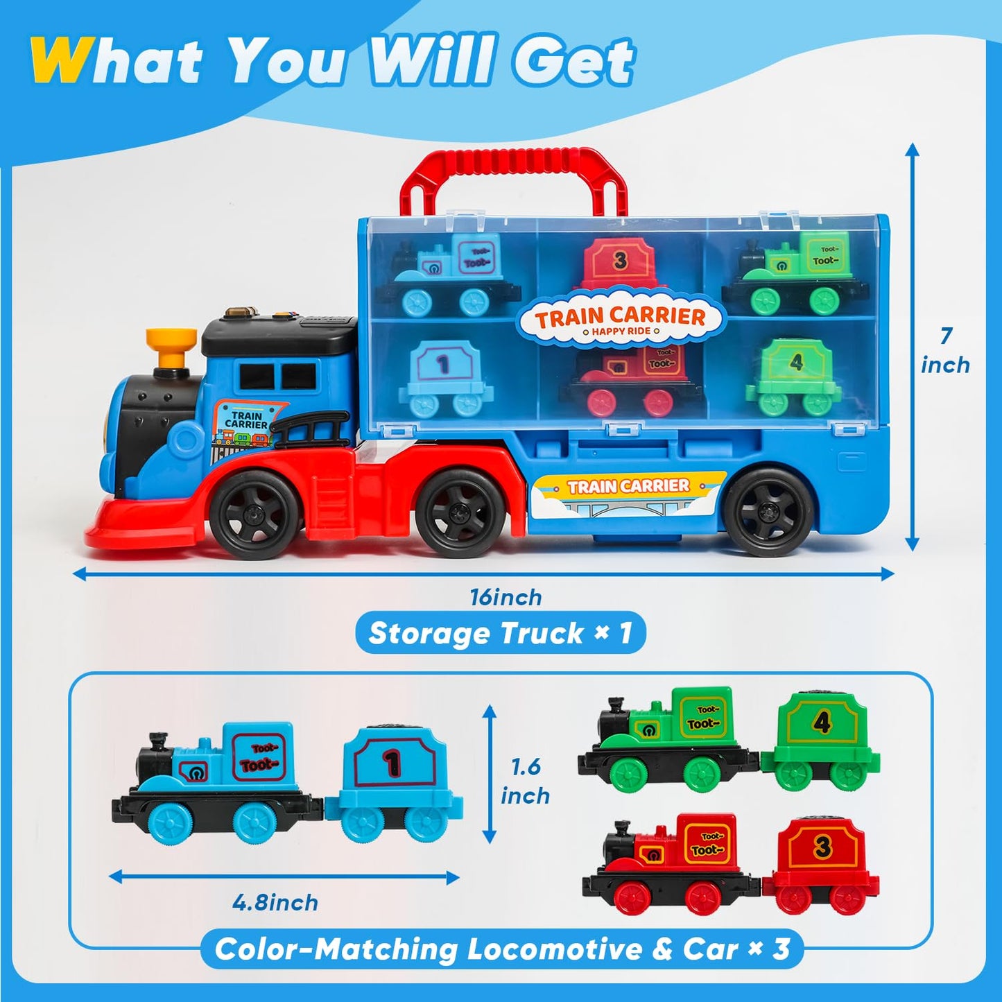 Trucks Toys for Kid 1-3, Transport Truck Car Set with Light and Sound, 1 Transport Toy Trucks, 6 Magnetic Trains, Birthday Gifts for Kids Boys Girls Age 3 4 5+.