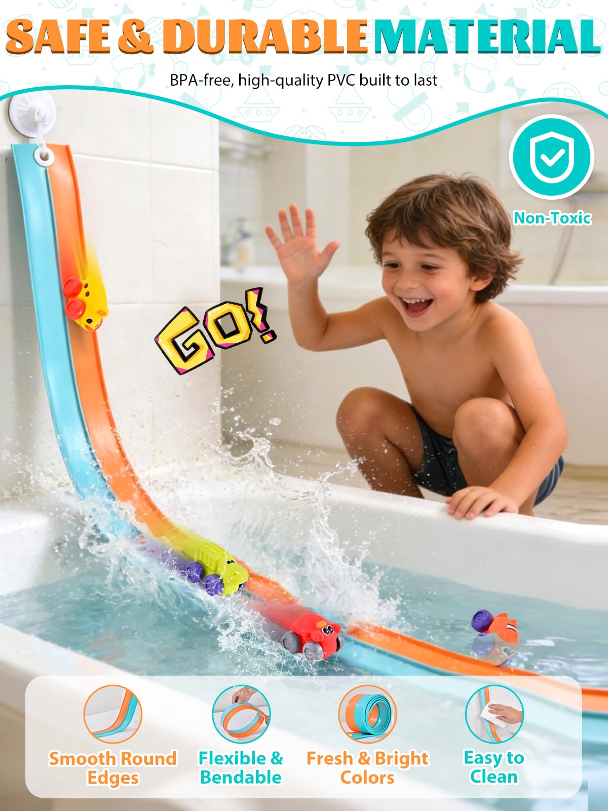 Race Car Bath Toy Set, Flexible Race Track with 4 Cars and Suction Cup, Flex Car Track Bathtub Toys, DIY Cars Bath Toys Gifts for Boys Girls Ages 3+
