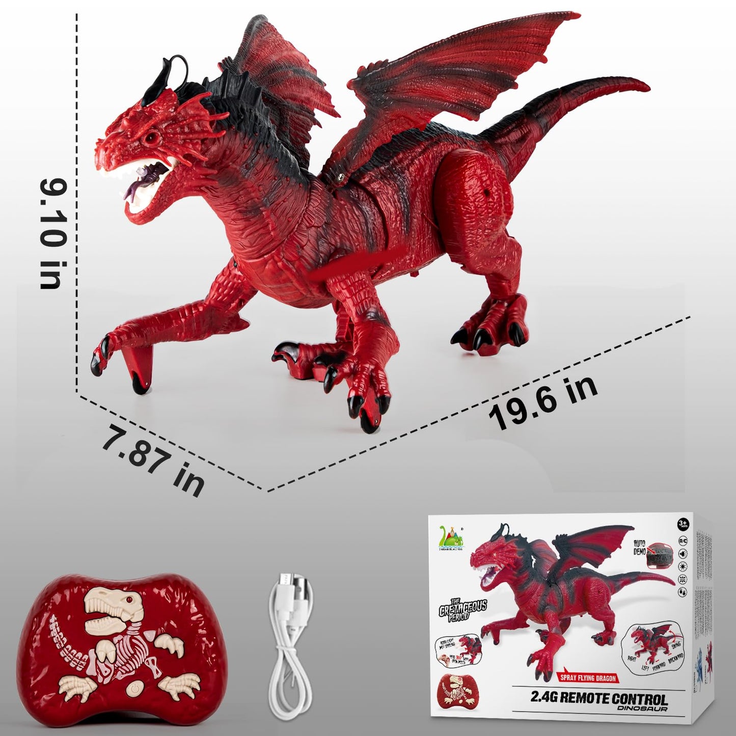 Remote Control Dragon Toy for Kids with 360° Swaying Head, Roaring, Spraying & Light Up- Remote Control Robot Toys for Kids - Red