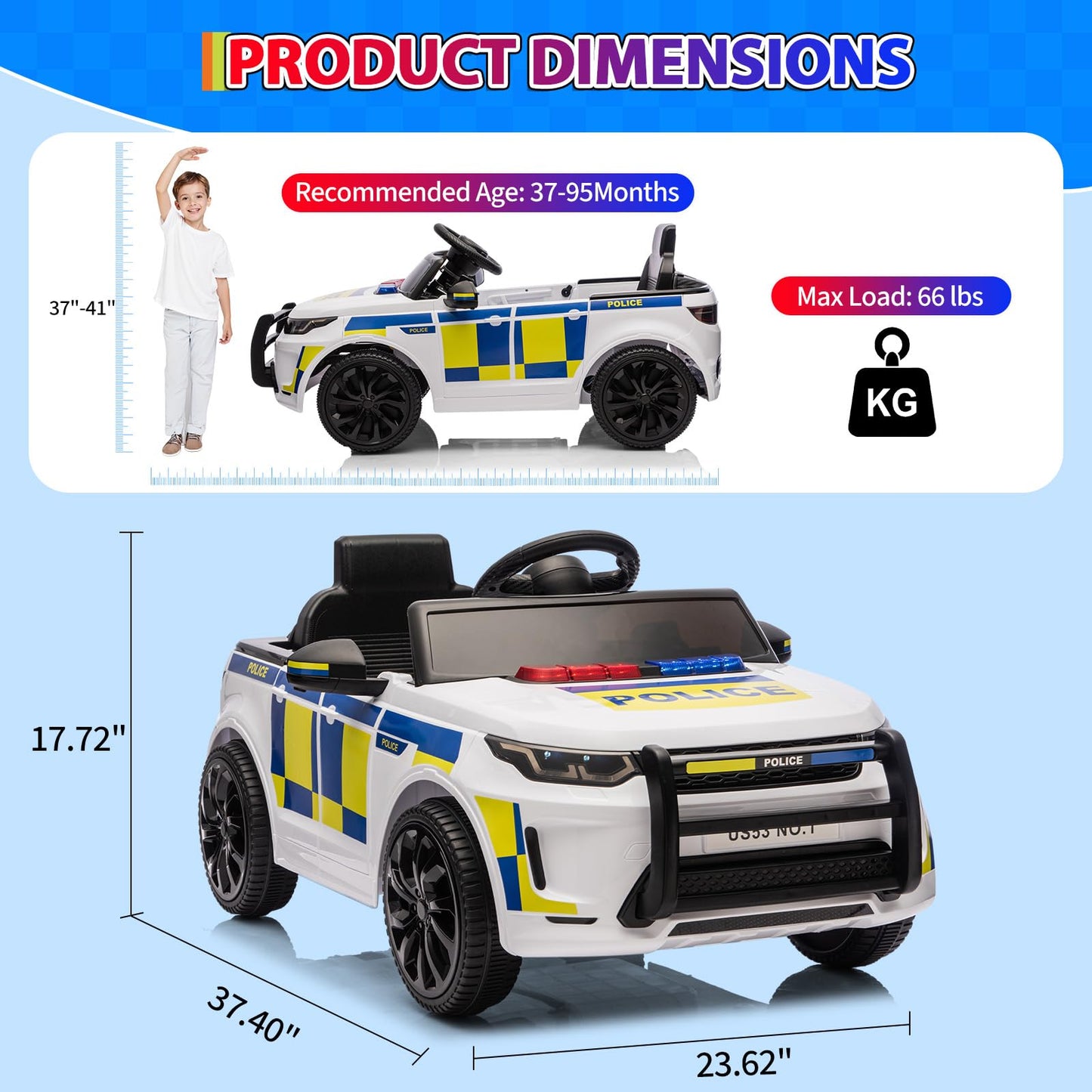 GarveeLife 12V Police Car Ride on Electric Car for Kids, Battery Powered Ride-on Toys with Remote Control, Speaker, Flashing Lights, Music, Headlights, Spring Suspension, Gift for Boy Girl 3-8, White