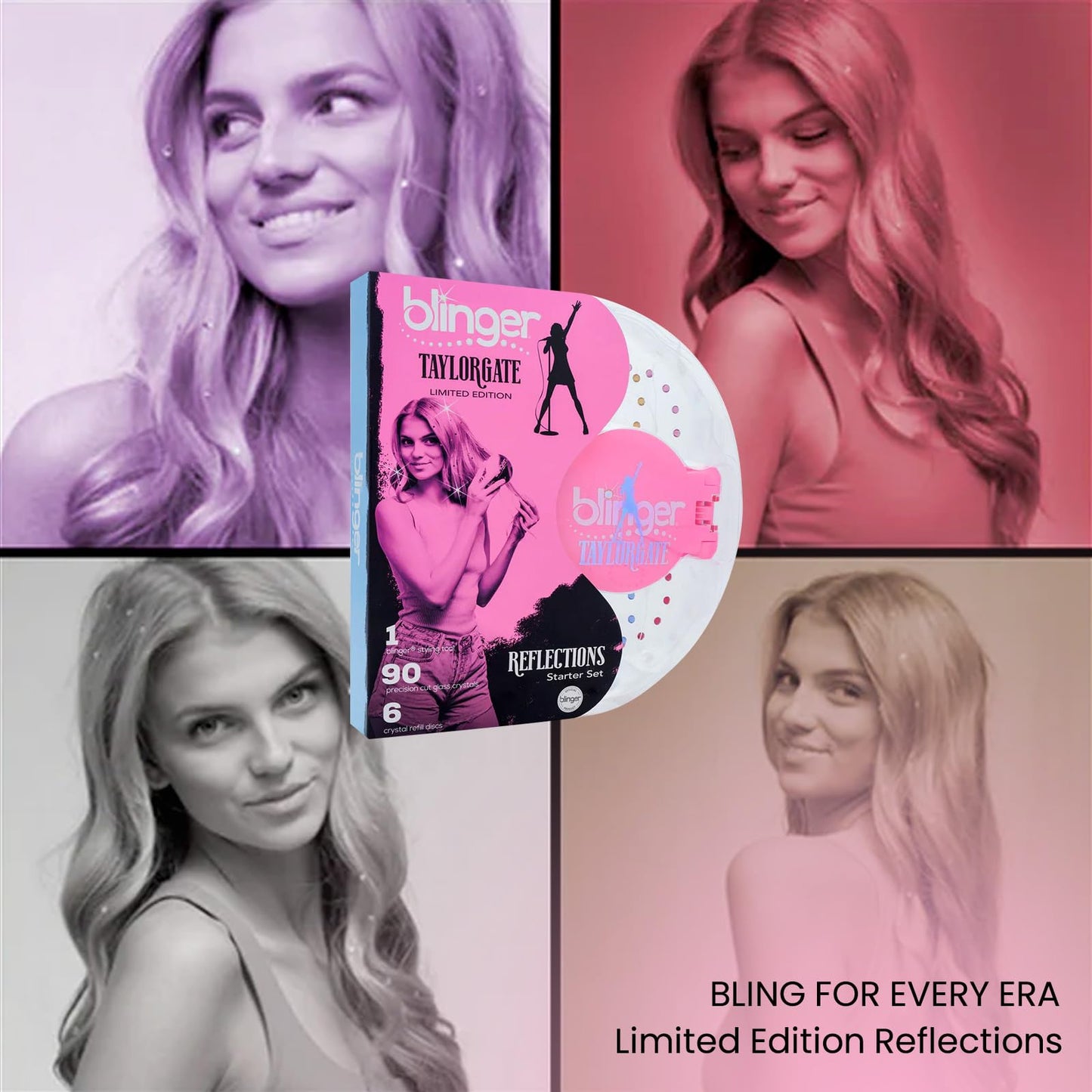 blinger® Limited Edition Reflections Starter Set with 90 Glass Crystals Hair Gems – as seen on Shark Tank| Pink Hair Accessories Styling Tool | Bedazzler Stamper Kit for Girls and Women