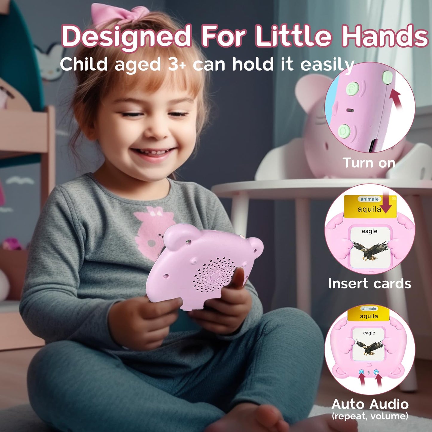 HALCONTORNO Bilingual English Italian Flash Cards - Talking Flash Cards for Kids, Pocket Speech for Toddlers 3-12, Educational Learning Audible Gift Play Cards Italian, Autism Sensory Toys (Pink)