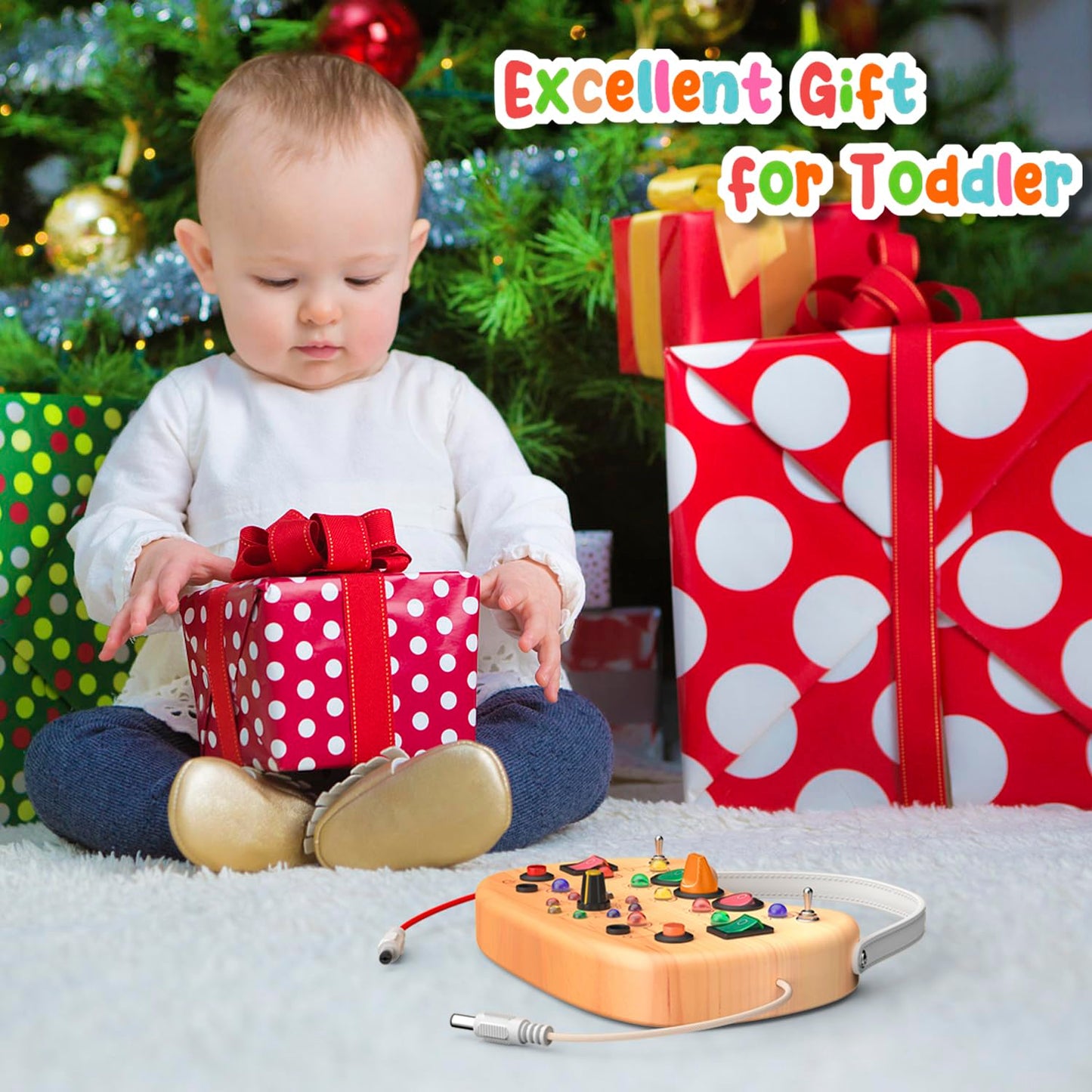 flycoost Busy Board with LED Light Switches,Toddlers Montessori Educational Toys for 1 2 3 Years Olds,Wooden Autism Activity Baby Busy Board,Sensory Travel Toys 1+ Year Old Boy&Girl Birthday Gift