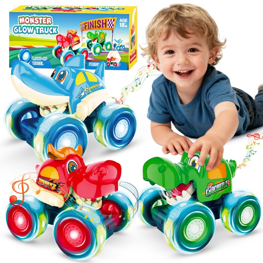 Monster Truck Toys, Light Up Monster Trucks for Boys Age 4-7, Toy Cars for Toddlers 1-3 with Shark Bull Crocodile Truck, Musical Press and Go Cars Kids Gifts for Birthday Easter Basket Stuffers