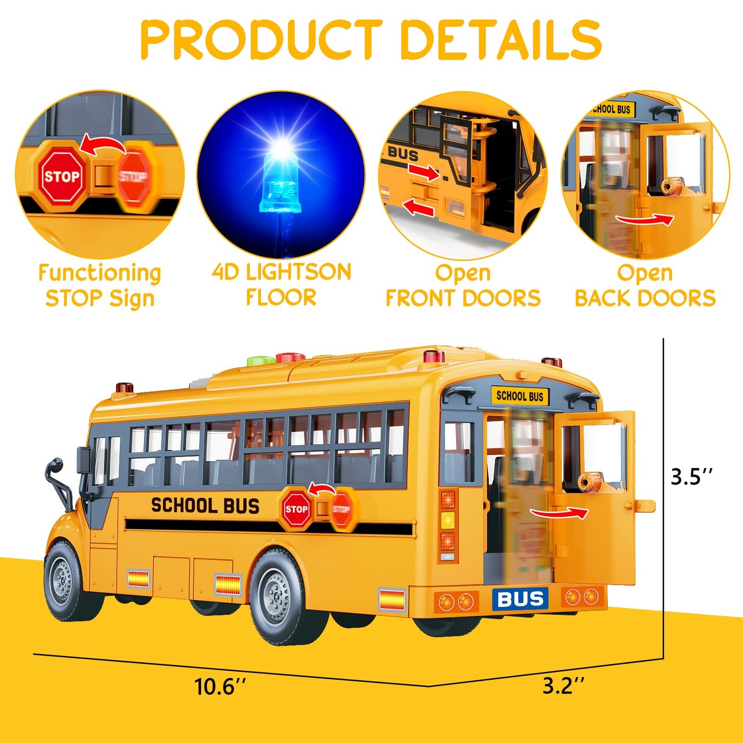 Yellow School Bus Toys for Toddlers With 4 Different Flashing Lights & Sound, Back And Side Doors Open Friction-Powered Wheels Light Up Toy Buses Birthday Gift 3 4 Year Old And Up Girl Boy Toys