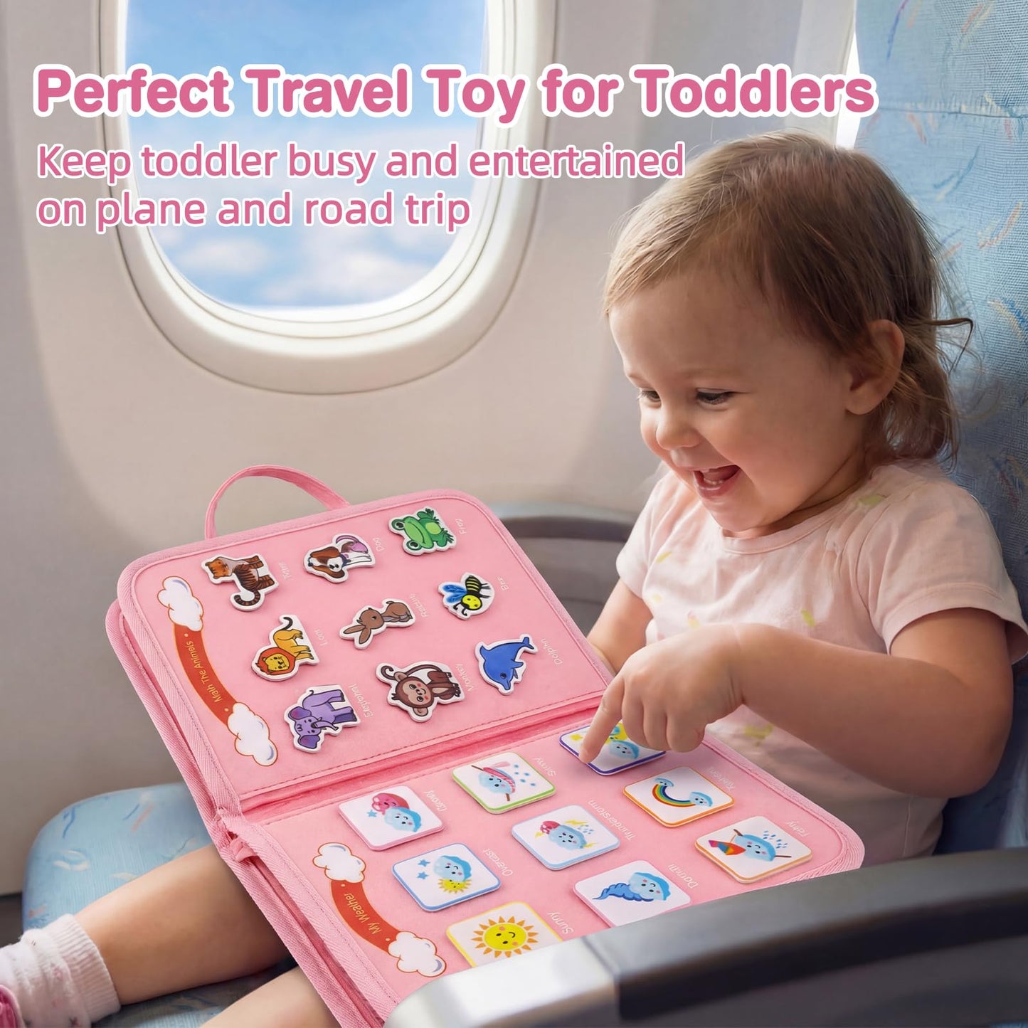 Mulaisu Toddler Busy Board Montessori Toys for Toddlers Girls 1-3 Year Old Birthday Gifts, Sensory Busy Book Learning Educational Activities, Airplane Car Travel Toy