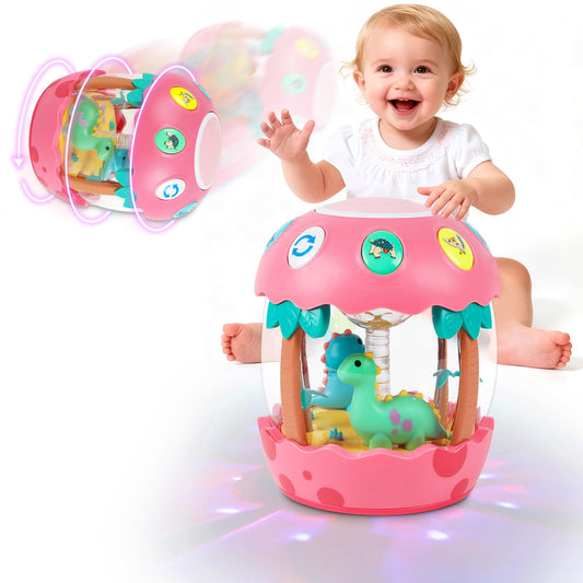 M SANMERSEN Baby Girl Toys 6-12 Months, Dinosaur Rotating Light Up Musical Baby Toys for 0-6 12-18 Months Newborn Infant Crawling Tummy Time Toys, Birthday Easter Gifts for Baby Girls- Pink