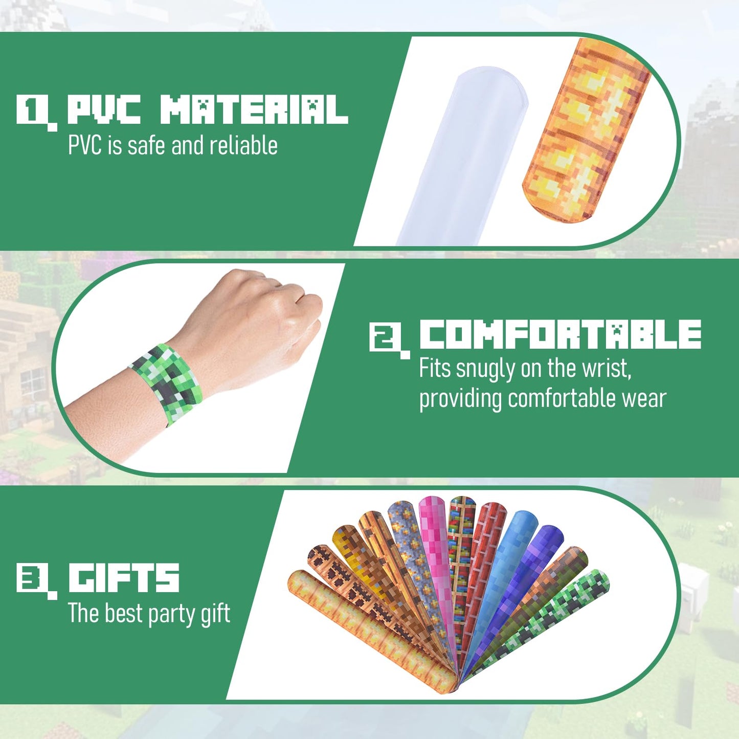 Lottmopi 24 Pcs Pixel Party Favor - Pixel Slap bracelets, Birthday Decorations Party Supplies, Exchanging Gifts Classroom Prizes, Game Theme Decorations (12 Styles)
