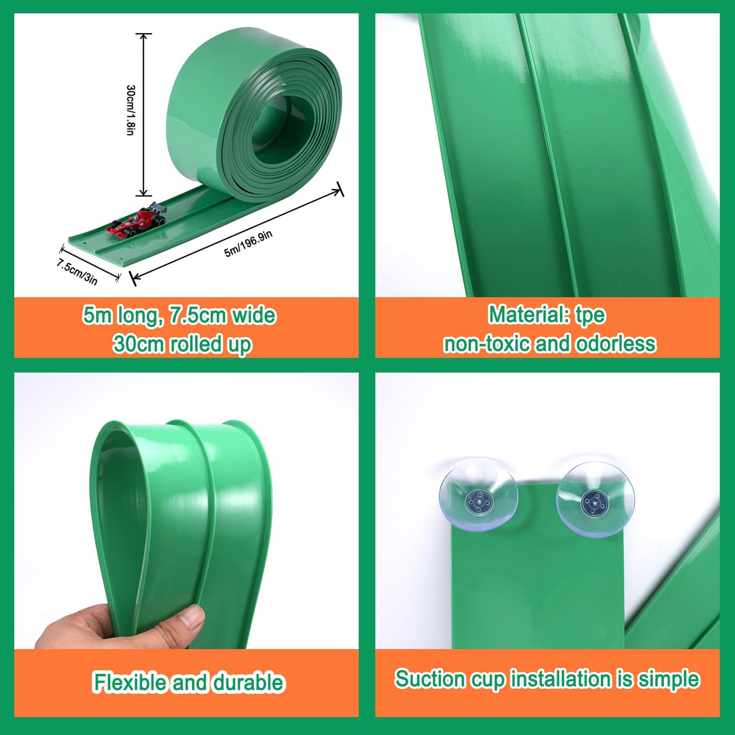 Flex Track Race Cars for Kids, Rubber Have Extra-Long 15.75ft is Customizable Race Track, with 4 Racing Cars and 6 Suction Cups, Flexible Race Track Easy to Store for Outdoor Play (Green)