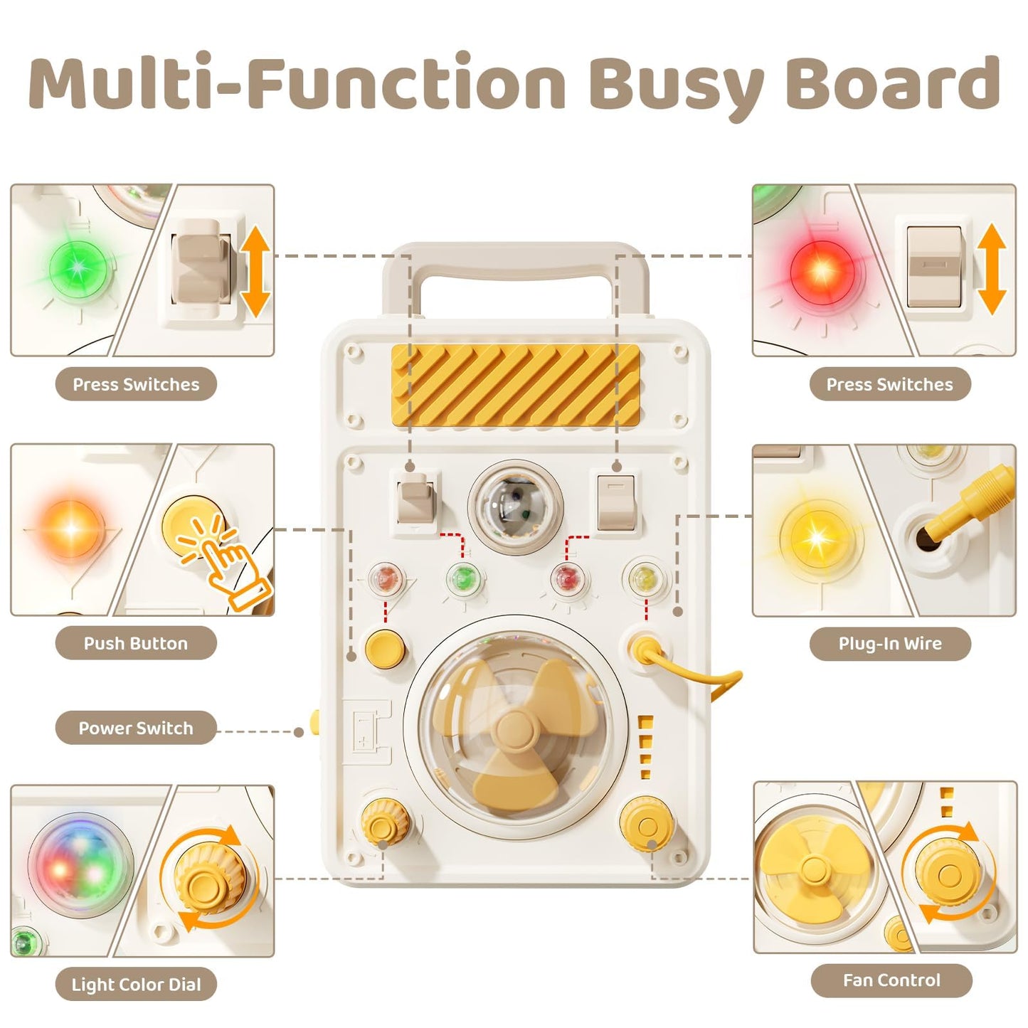 SOCBTNSO Montessori Busy Board for 1+ Year Old - Electronic Light & Activity with Buttons, Switches, Fan & Rotating Knobs | Sensory Learning Travel Toys & Gifts for Toddler Boy/Girl Age 1 2 3