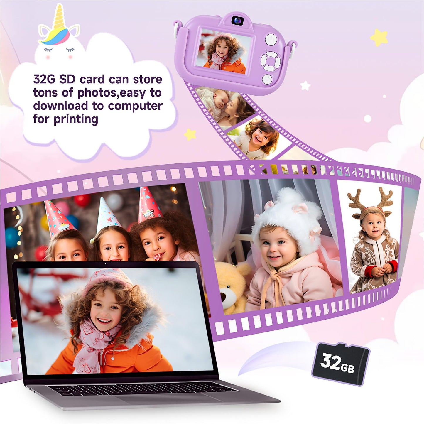 MAVOKIS Kids Camera Digital Camera for Age 3-8, 1080P Toddler Camera for Kid with 32GB SD Card, Toddler Girls Toys Age 6-9, Christmas Birthday Gifts for Children, Purple