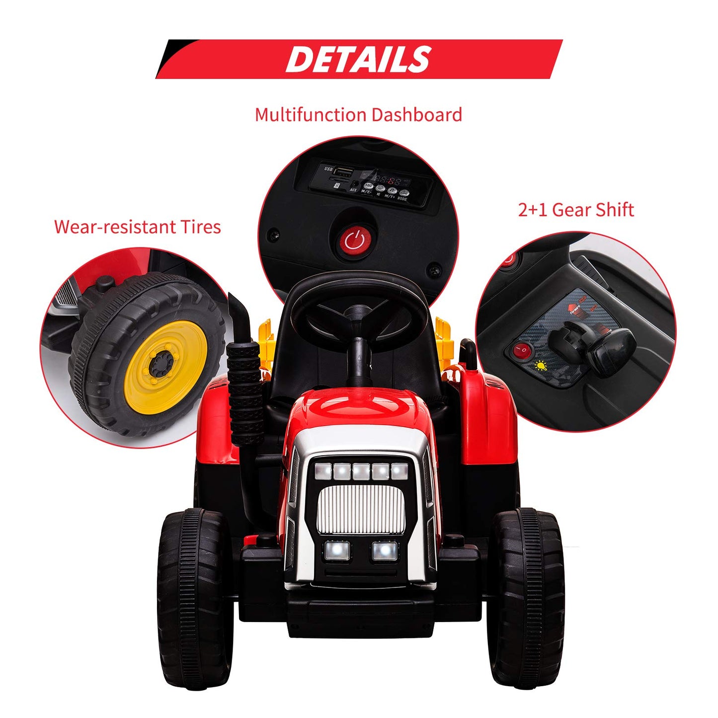 Nasitip 12V Kids Battery Powered Electric Tractor with Trailer, Toddler Ride On Car w/Remote Control/ 7-LED Headlights/ 2+1 Gear Shift/Horn/ MP3 Player/USB Port (RED, 25W/ Tread Tire)