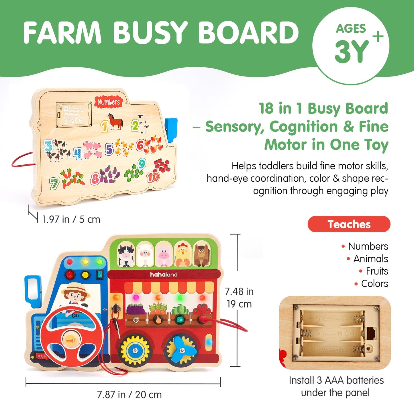 hahaland Montessori Busy Board for Toddlers 3-5, 18-in-1 Wooden Sensory Activity Board with LED Lights & Switches, Educational Montessori Toy for Fine Motor Skills, Kids Gift