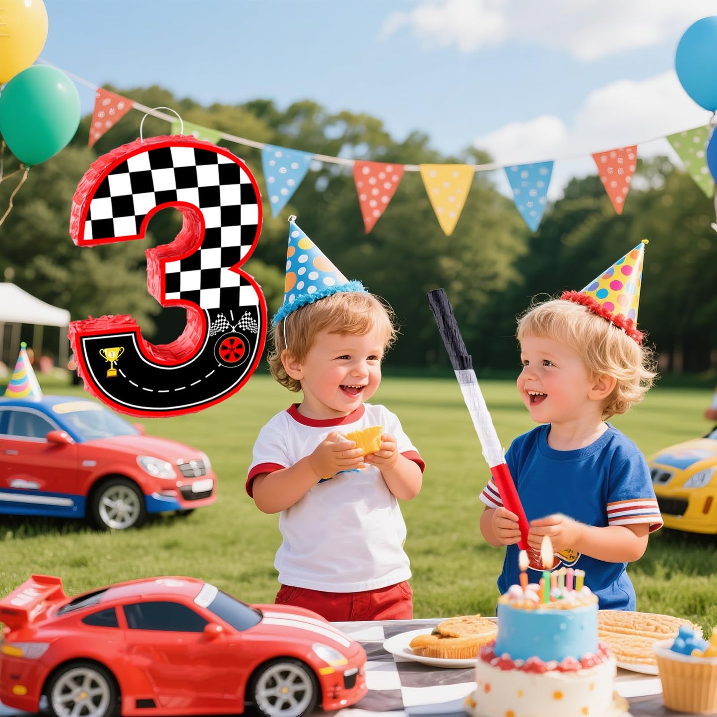16 Inch Number 3 Race Car Pinata with 16 Inch Piñata Stick Blindfold Confetti for Boy Girl Kids 3rd Birthday Party Decorations(3rd)