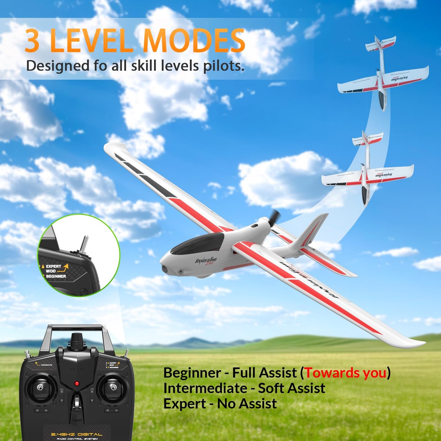 rcxsuv VOLANTEXRC RC Glider Plane 4CH, New Version Remote Control Airplane with 6-Axis Gyro for Beginners, 3 Flight Modes & Aerobatics 2.4G RC Plane for Adults, 23.6 * 18.1 inches White