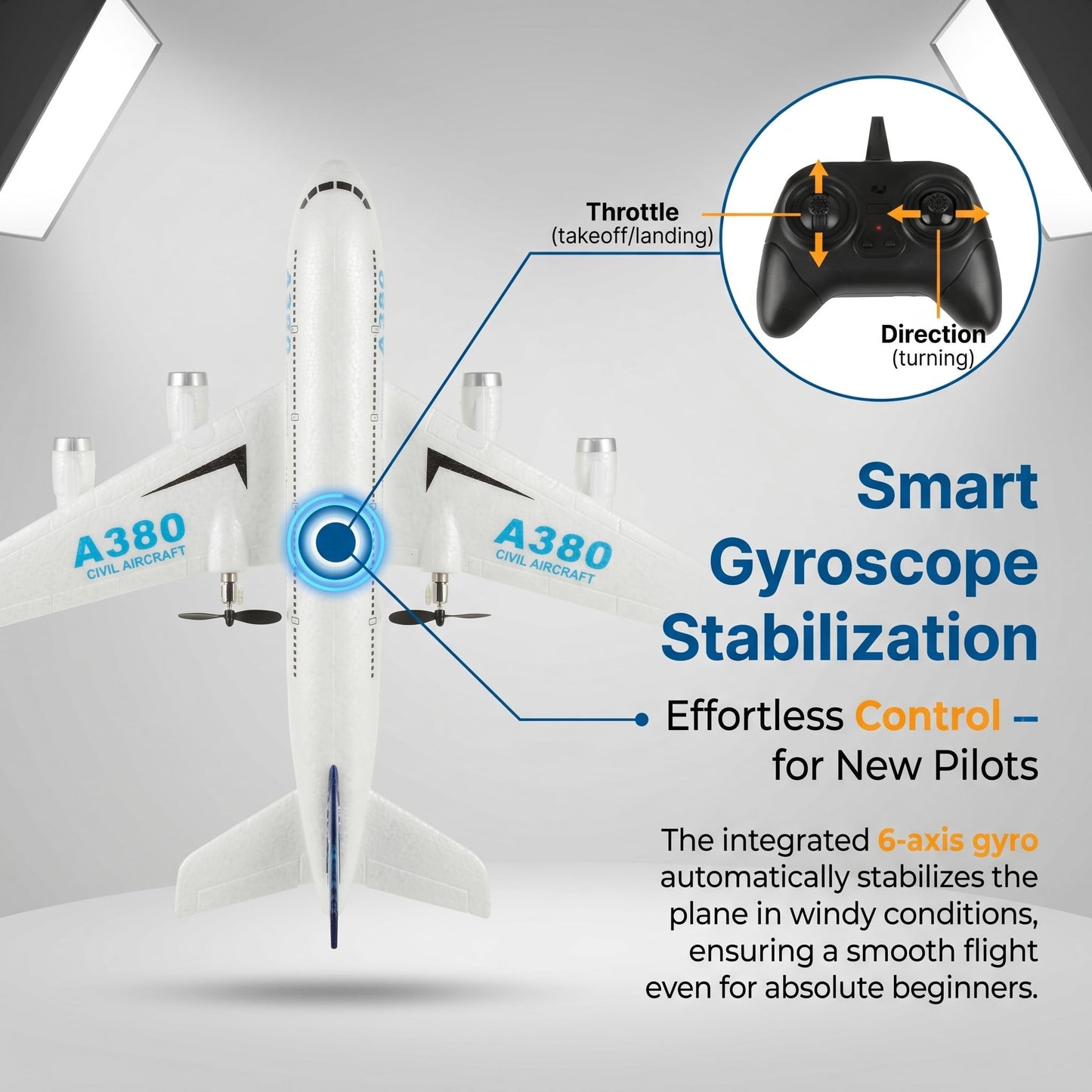 Remote Control RC Airplane Ready to Fly 2.4GHz – Airbus A380 Model, 2-Channel Beginner RC Plane Toy for Kids & Adults with Gyro, Foam Durable & Easy Fly