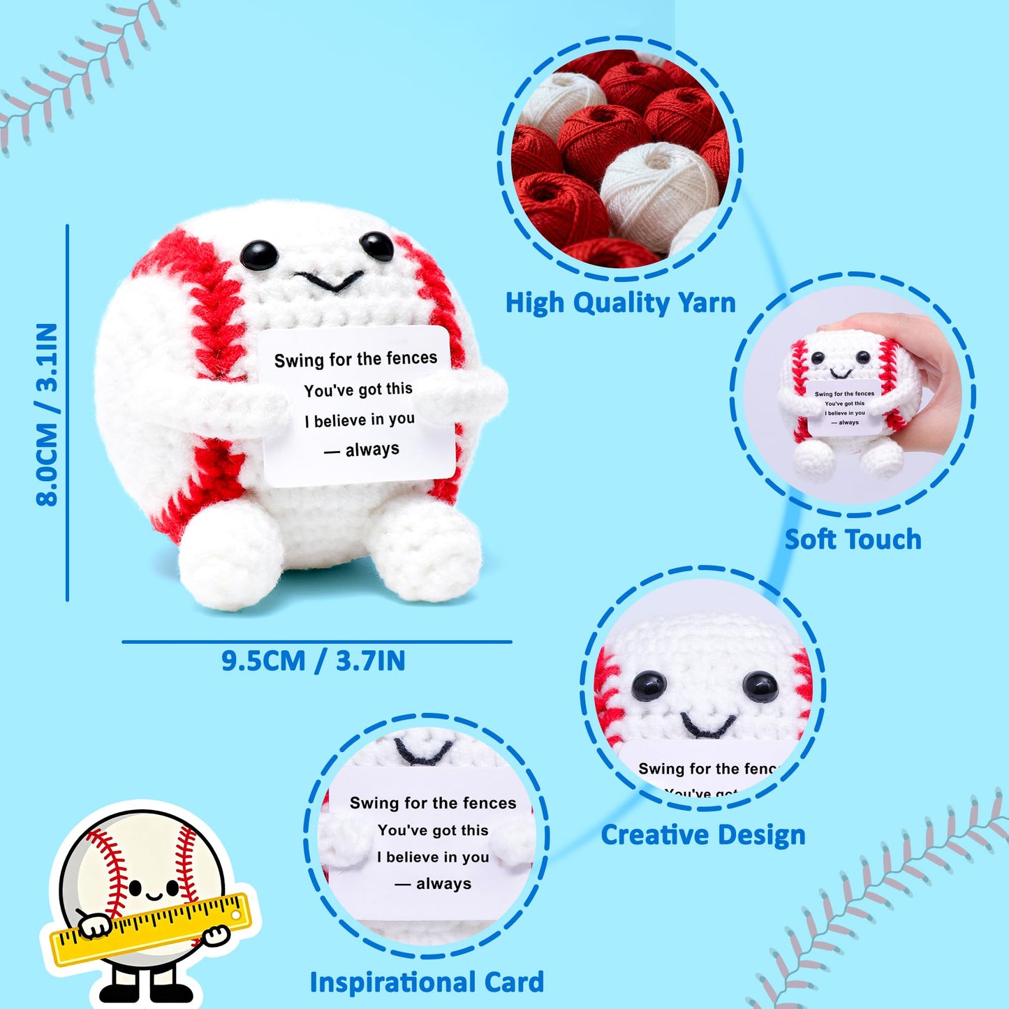 OkiyiD Mini Funny Positive Gifts Baseball, Knitted Wool Baseball Crochet Toy with Positive Card, Creative Cute Emotional Support Cheer Up Keepsake Gift for Kids Boys Men College Temmate