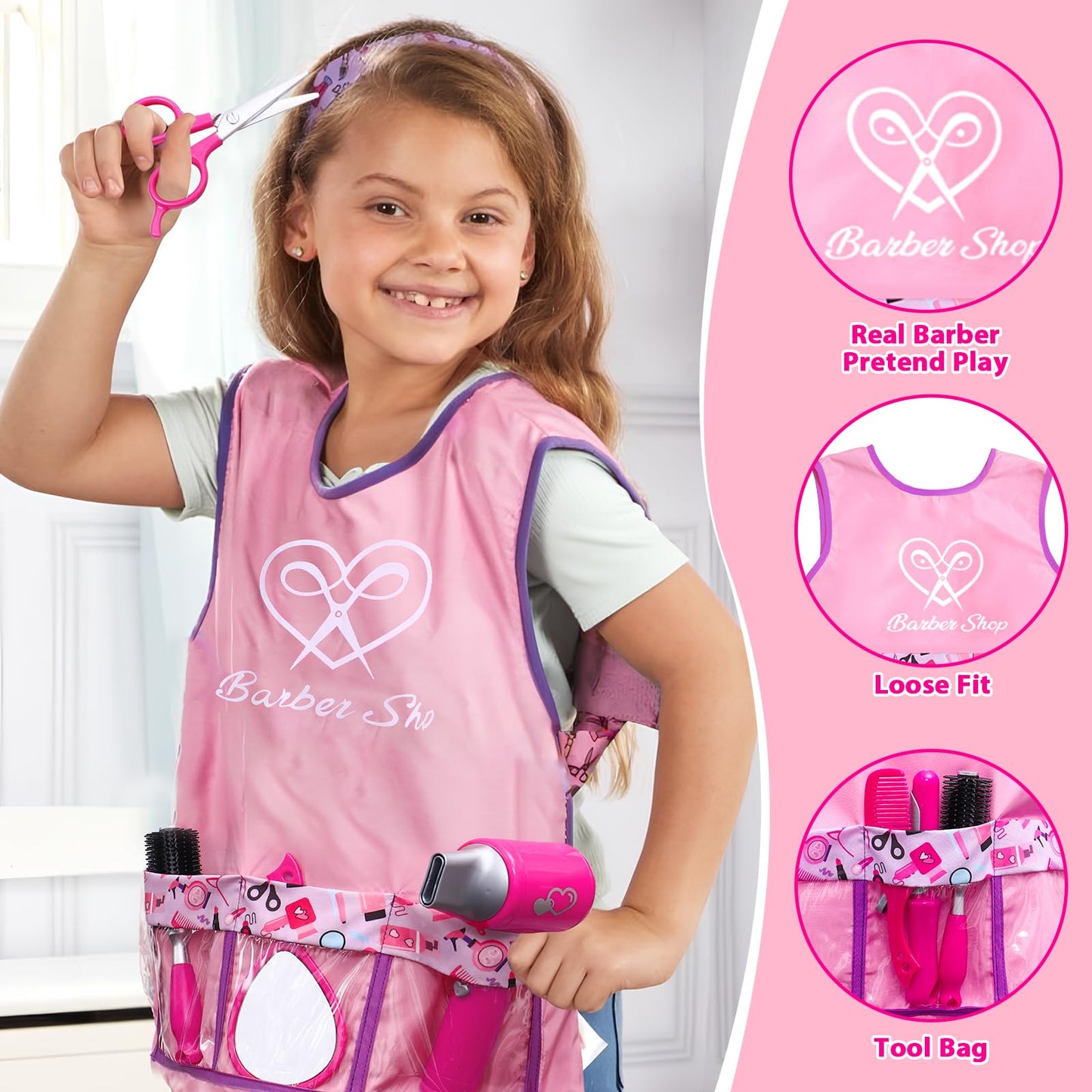 Lorfancy 49 Pcs Hair Salon Girls Toys Kids Pretend Play Makeup Sets Toddler Dress Up Beauty Hair Stylist Kit with Hairdryer Apron Curling Flat Iron Mirror Scissors Accessories Girl Birthday Gifts