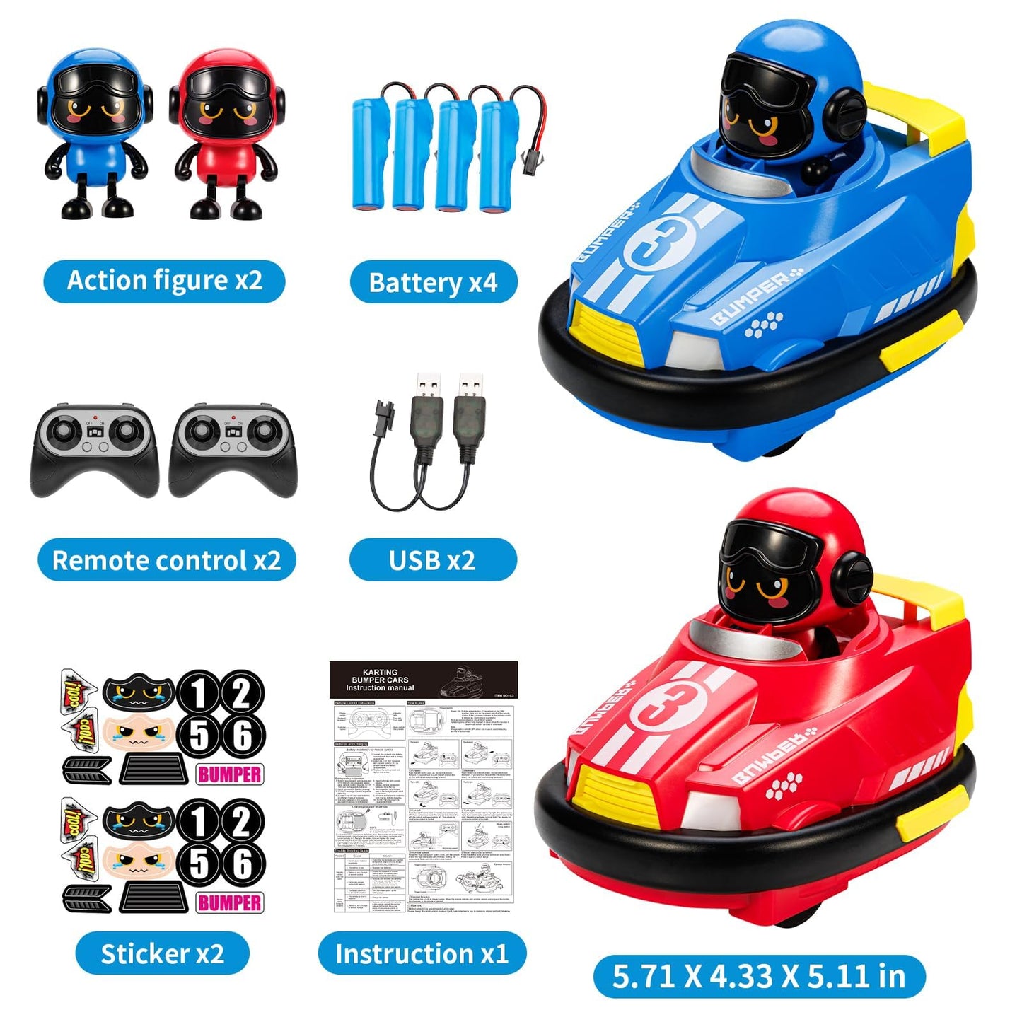 bessome 2 Pack Cute Cartoon Remote Control Bumper Car for Toddlers-Mini RC Cars with Light & Sound & 360°Rotating-Race car Toys for 3 4 5 6Year Old Boys Girls Kids-Christmas Birthday Gifts