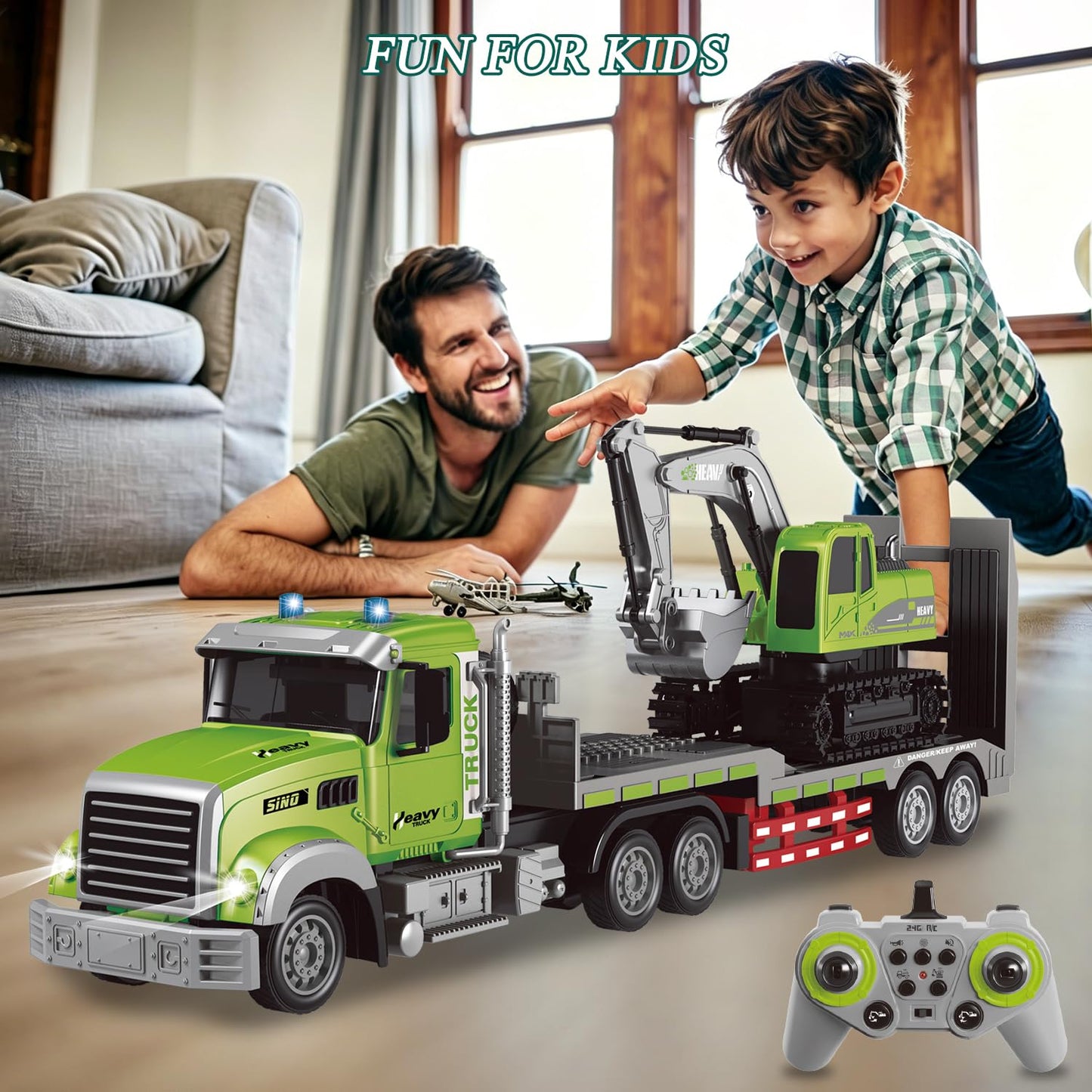 Fistone RC Semi-Trailer Truck & Excavator Toy Set, 1:12 Scale with Sound and Lights, 2.4Ghz Remote Control Flatbed Truck and Excavator Toys for Boys 6-12 Years Old