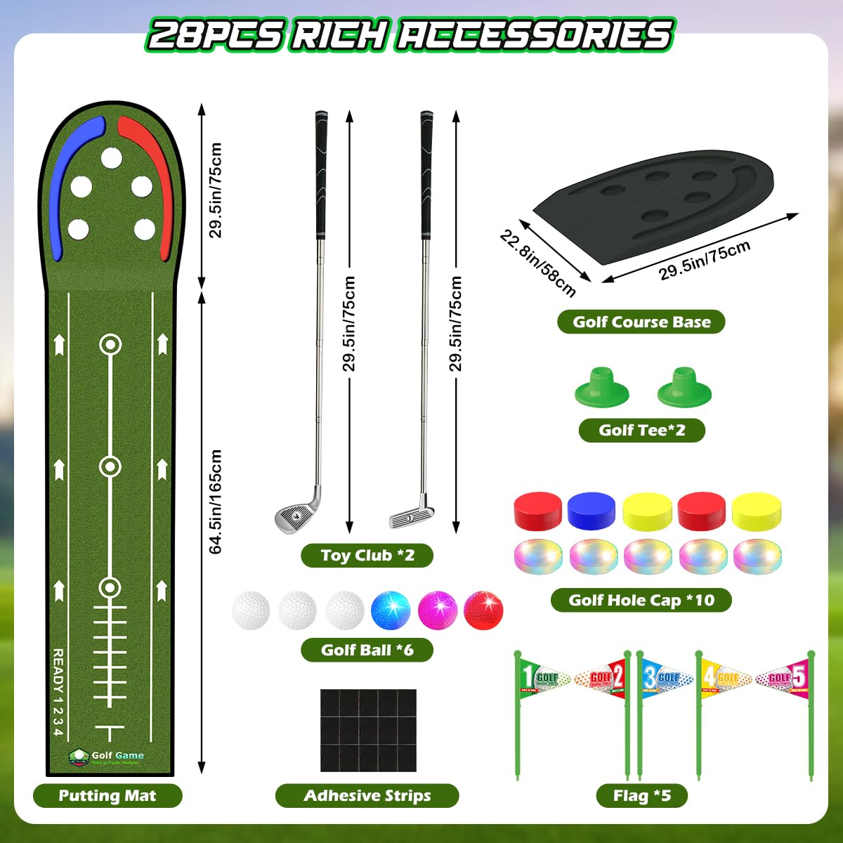 TERRAMUS Upgraded Golf Putting Mat for Kids, Putting Green with LED Light up Holes, Glowing Balls, 2 Clubs, Toy Golf Set, Golfing Mats Indoor Outdoor, Sport Game Golf Gift for for Kids Teens Family