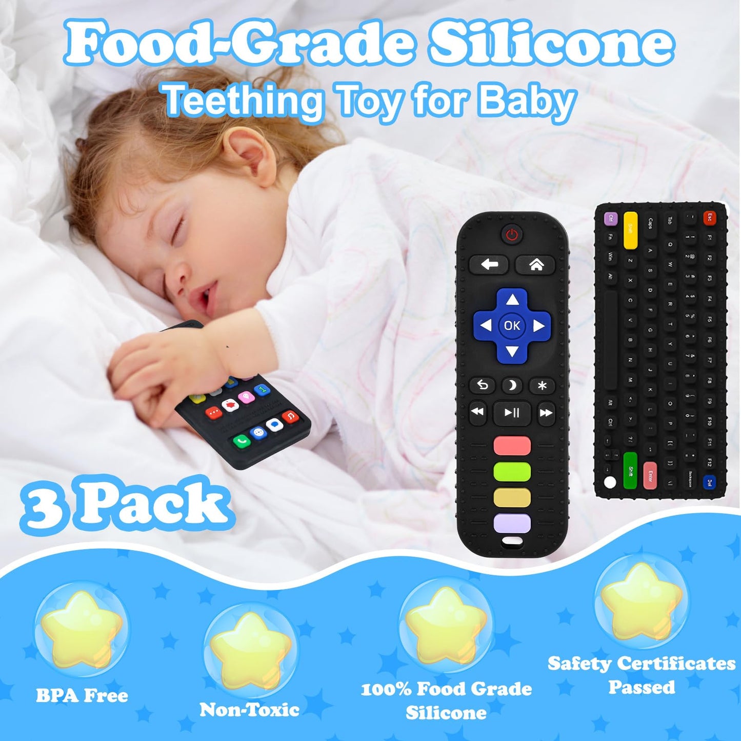 GUIGUZHJ Teether Toys, Teething Relief Teethers Toys for Babies 3-6 12 Months, Play Phone Remote Control Keyboard Toy for Newborn Infant Boy Girl Autism Essentials, Food Grade Silicone Sensory Toy