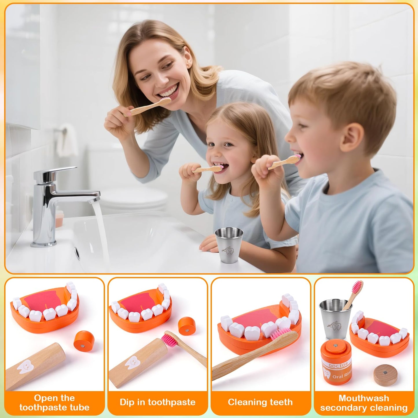 Kids Dentist Play Set, Wooden Doctor Kit for Toddlers 3-5 with Real Stethoscope, Removable Teeth, Braces & Storage Bag, Pretend Play Dental Playset Medical Kits Toys Gifts for 3 4 Year Old Girls