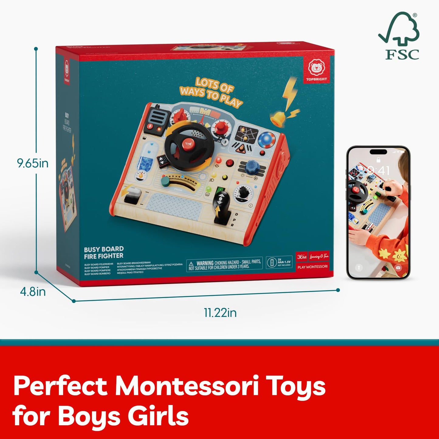 TOP BRIGHT Montessori Busy Board with LED Light, Sensory Toys with Sounds & Switches, Activity Board for Kids 3-5, Car Driving Toy for Toddler Boy, 3 Year Old Girl Boy Gifts for Birthday Christmas