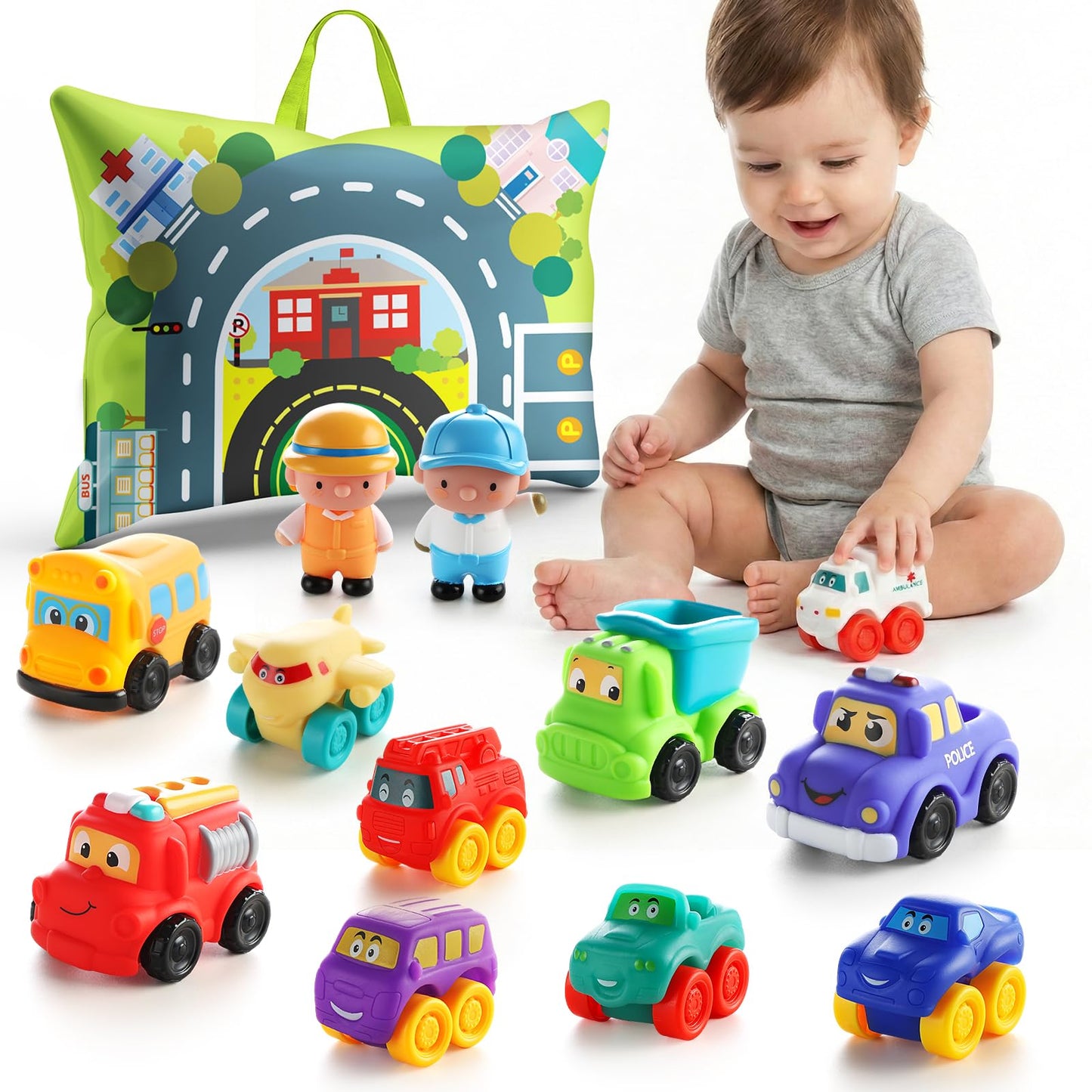 ALASOU 12 PCS Soft Rubber Car Toys for 1 Year Old Boy with Playmat/Storage Bag|Baby Toys 1 Year Old Boy Gifts for Toddler Toys 1-2|1st Birthday Gift for Infant 12 18 Months