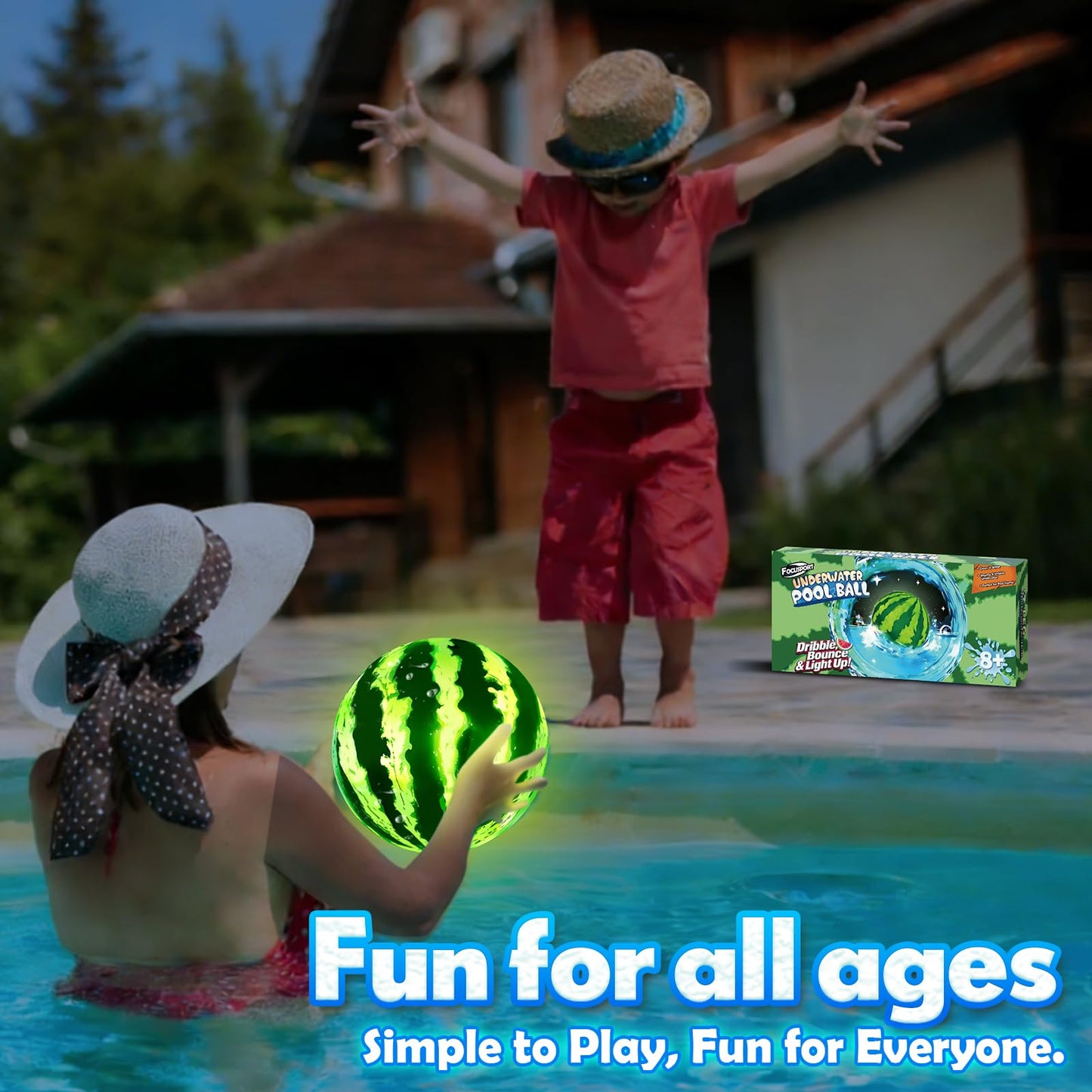 Focusport LED Underwater Pool Ball Game – 2 Pack 9" Glow Water Ball Toy for Kids, Teens, Pool Sports Game for Water Football & Basketball, Fun Pool Game for Backyard Parties & Outdoor Water Play