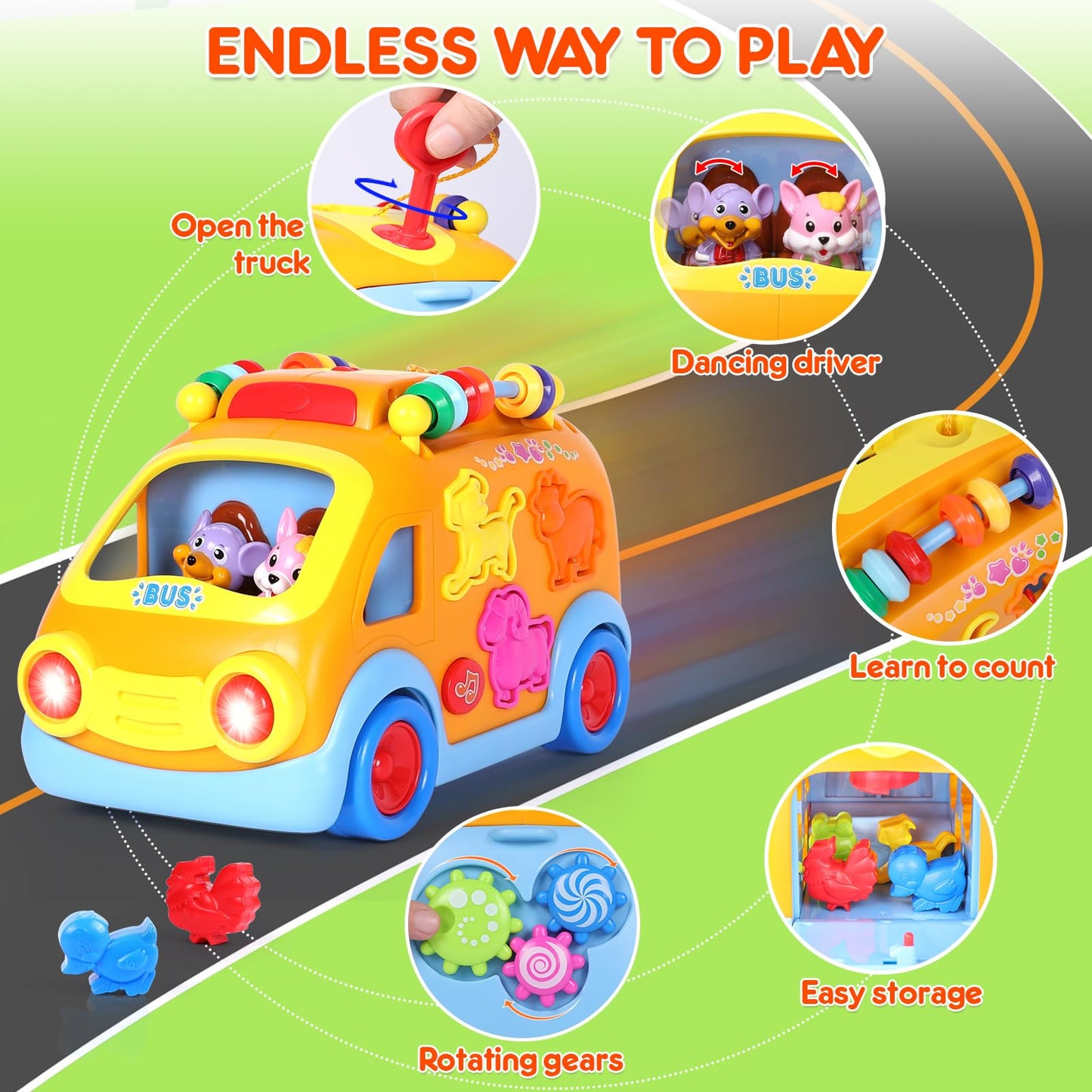 Toy Cars for 2 Year Old Boy Toys, Baby Boy Gifts, Musical Learning Crawling Toys for Toddlers 2-3, Educational Baby Bus with Animal Blocks, Christmas Birthday Gift for 2 3 4 Year Old Boys Girls Kids