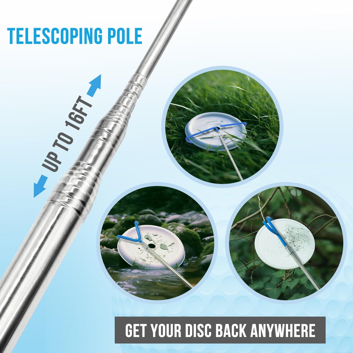 Acebirdie Disc Golf Retriever Pole 16 Feet, Telescopic Discs Retriever with Durable Stainless Steel Frame and Carry Bag - Extendable Golf Accessories Grabber to Retrieve Discs in Water, Trees, Bushes
