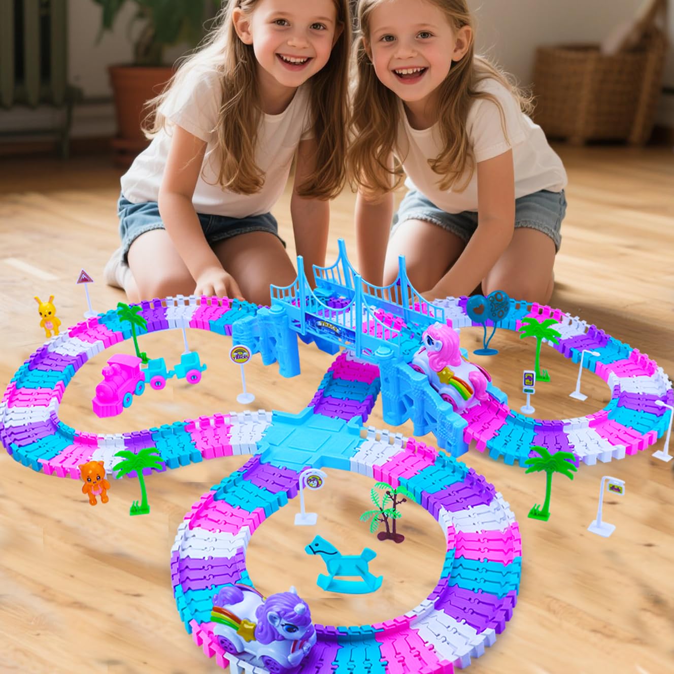 Tracks Car Toys Set for 2 3 4 5 6 7 Year Girl Toddler, 248 PCS Pink Magic Bendable Race Track Toy with 1Unicorn Car Toy and 1 Pink Train, Birthday Gift Idea for Kid