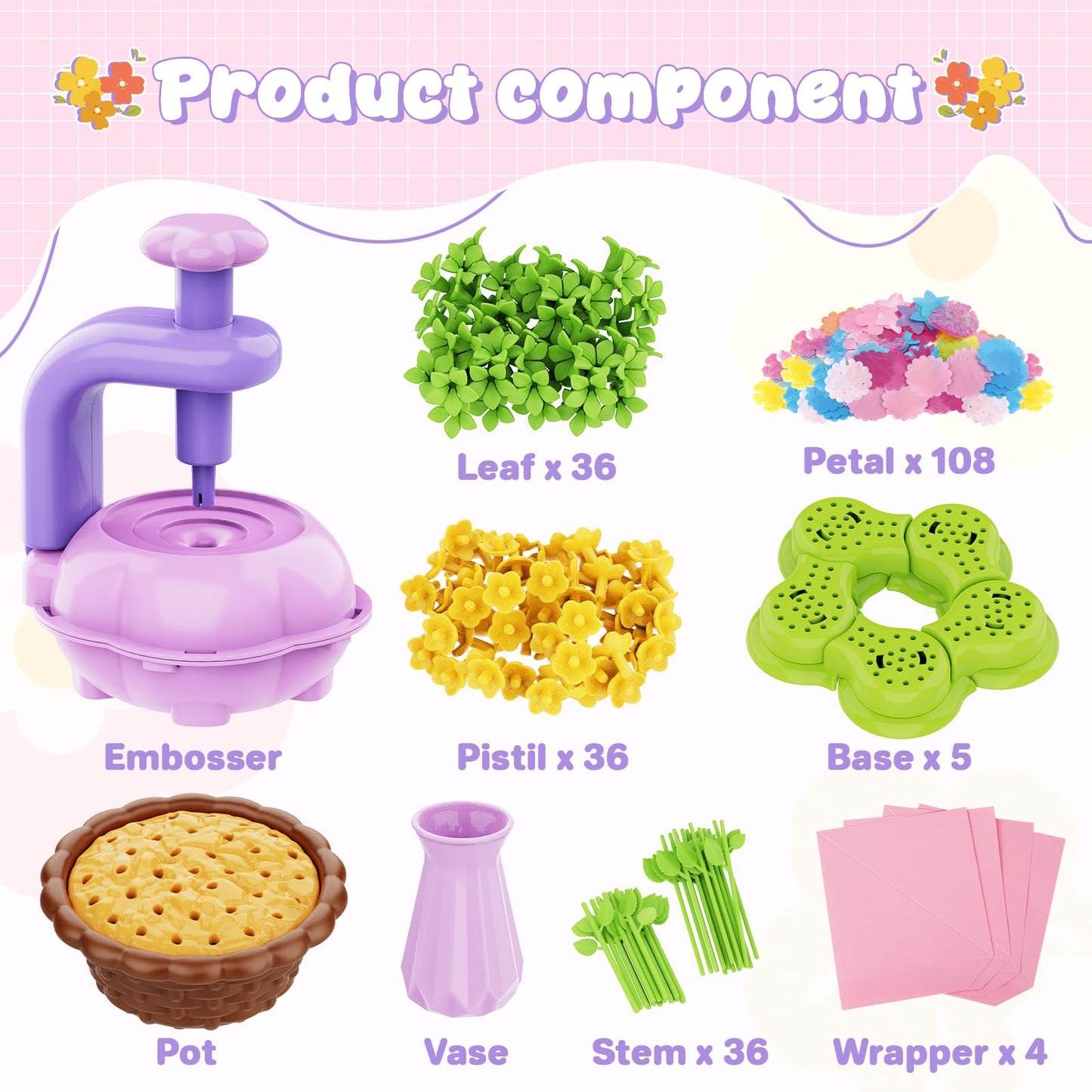 FUNZBO Girls Toys - Flower Bouquet Craft Kits, DIY Arts and Crafts for Kids 4-6-8, Flowers Making Toys for Kid Toddler, Birthday Gifts for 3 4 5 6 7 8 9 10 11 12 Year Old Girl