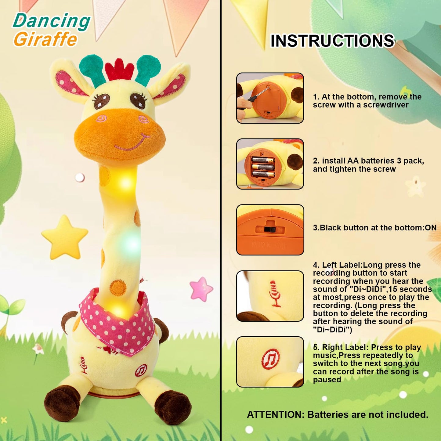 Emoin Dancing Giraffe Toy, Tanlking Giraffe Toys Musical Mimicking Toy, Singing 10 Pcs Songs for Baby Boys Girls, Repeating What You Say, Sing+Dancing+Recording+LED