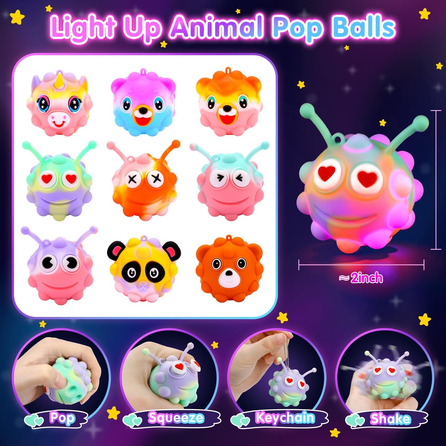 18pcs Light Up Animal Pop Balls Fidget Toys Party Favors for Kids 4-8 8-12 Sensory Squeeze Toys Stress Relief Balls Goodie Bag Stuffers Birthday Gifts Classroom Prizes Pinata Stuffers Treasure Box Toy